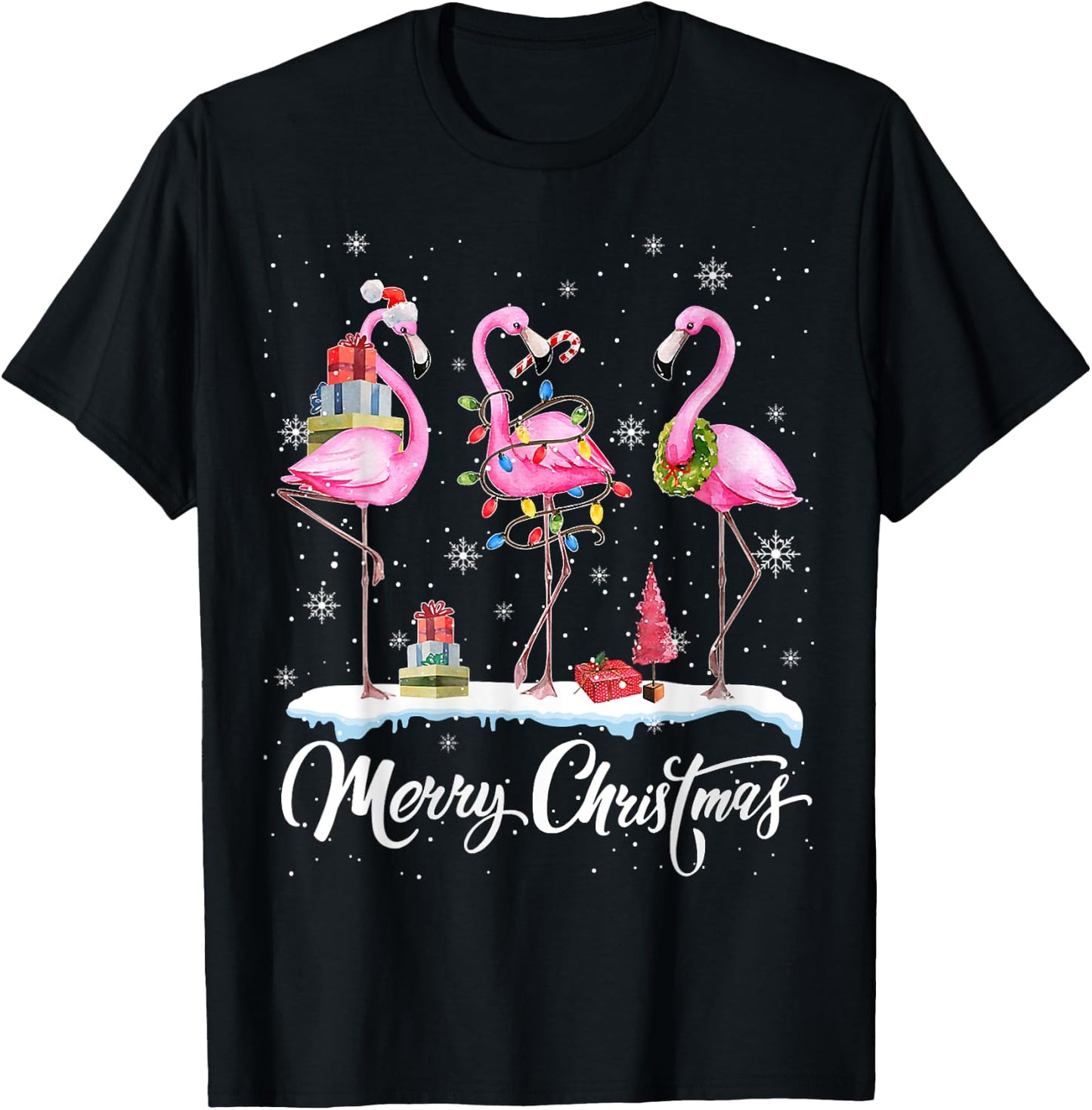 Merry Christmas Hat Santa Flamingo Light Christmas In July T-Shirt - T-Shirt | Black