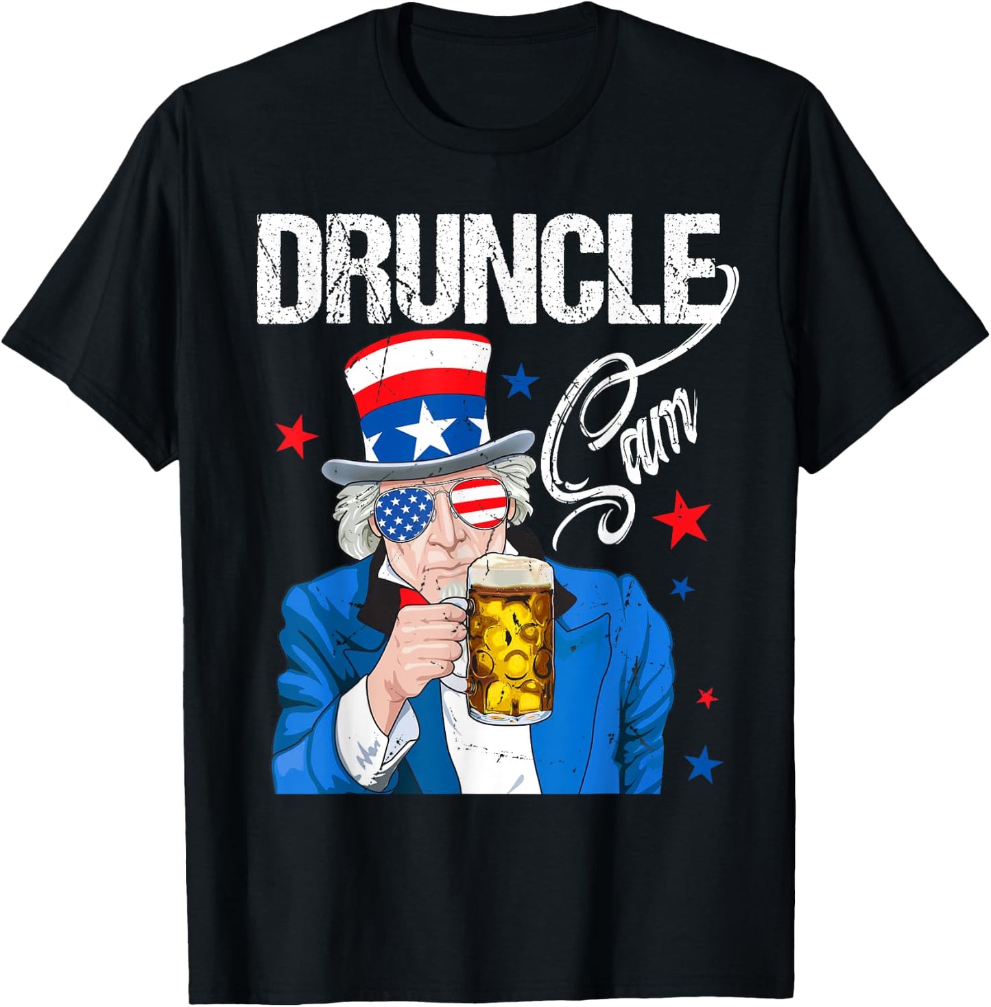 Funny Druncle Sam Uncle Sam Drinking Beer Indepedence Day T-Shirt - T-Shirt | Black