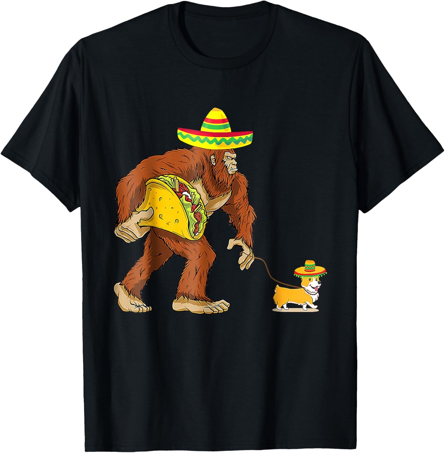 Bigfoot Steal Taco Corgi Dog Funny Cinco De Mayo Men Women T-Shirt - T-Shirt | Black