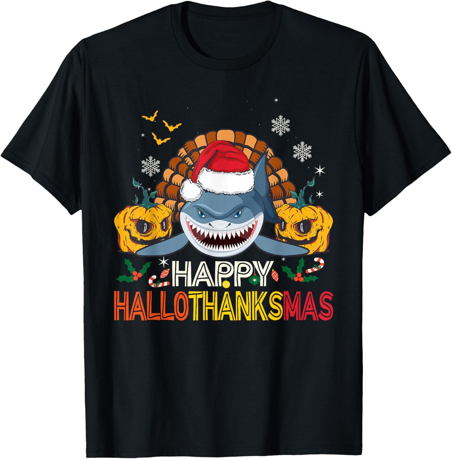 Happy HalloThanksMas Shark Halloween Thanksgiving Christmas T-Shirt - T-Shirt | Black