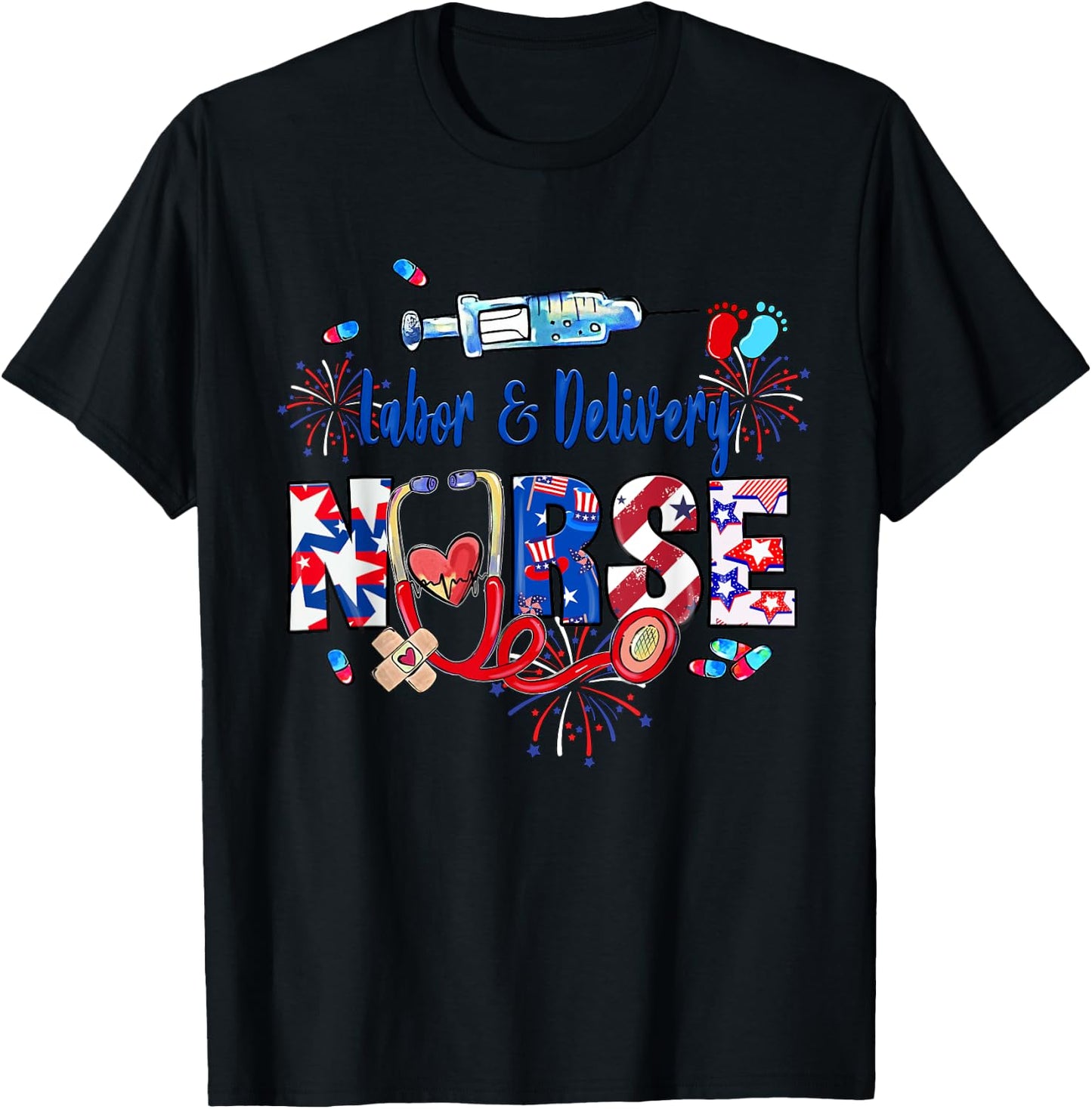 Labor & Delivery Nurse American Flag Patriotic 4th Of July Men T-Shirt - T-Shirt | Black