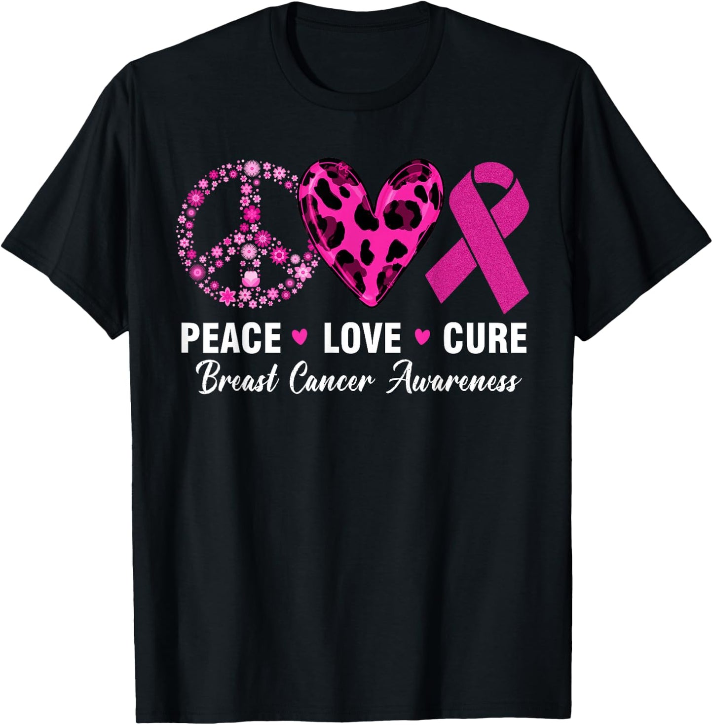 Peace Love Cure Breast Cancer Awareness Flower Peace Sign T-Shirt - T-Shirt | Black