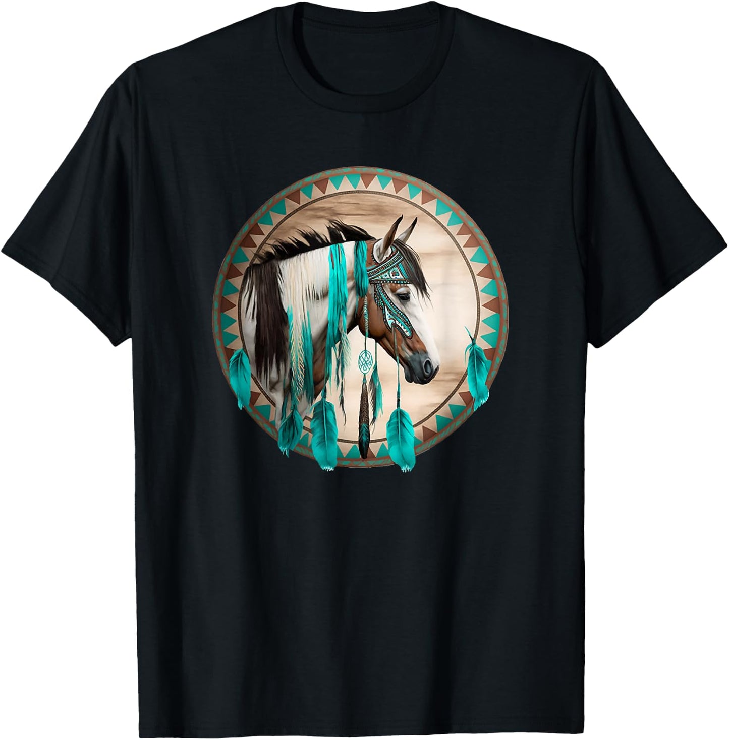 Western Horse Tribal Turquoise Stripe Design T-Shirt - T-Shirt | Black