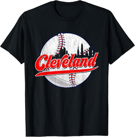 Vintage Cleveland Cityscape For Baseball Lover and Player T-Shirt - T-Shirt | Black
