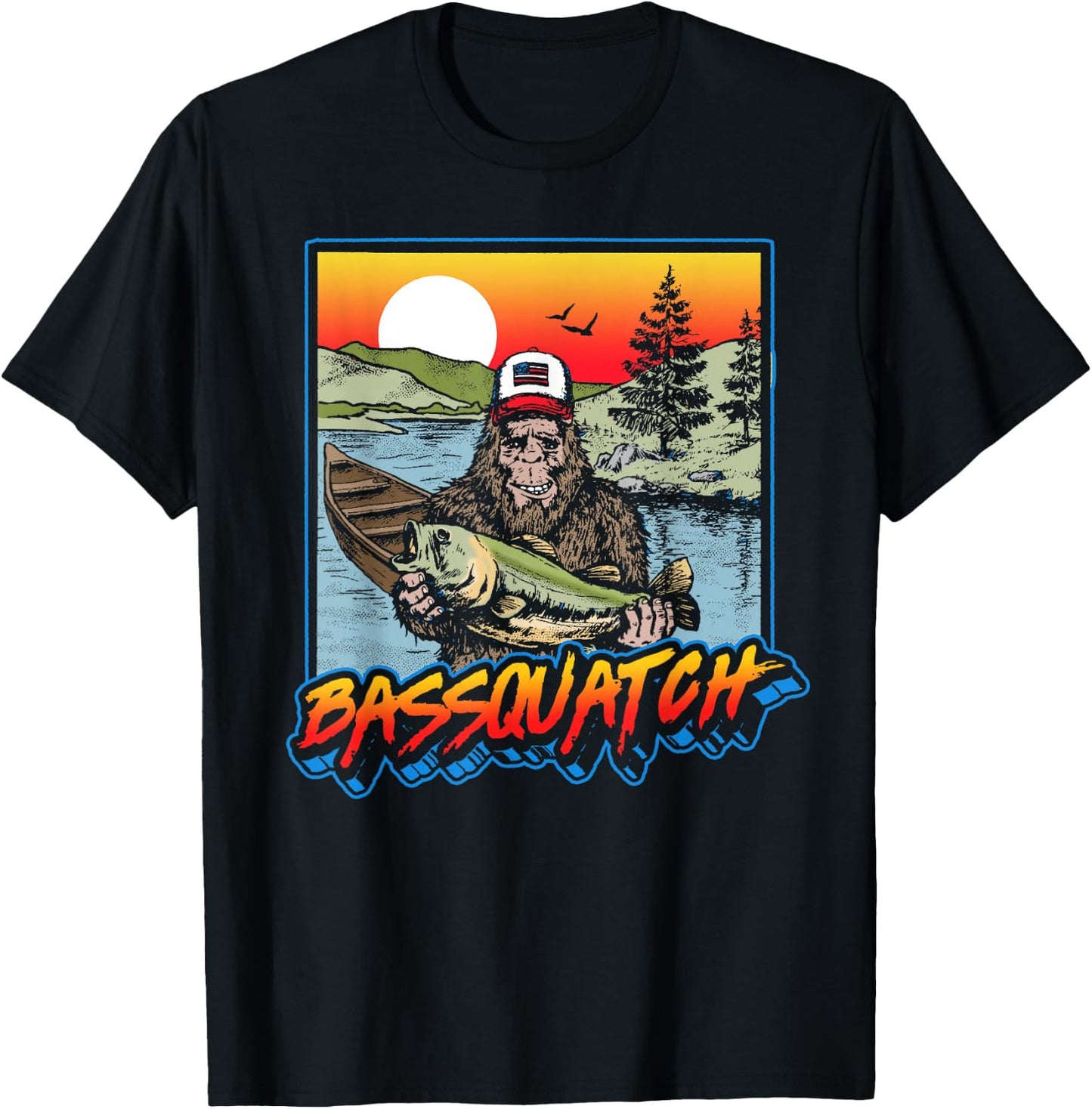 Bassquatch! Funny Bass Fishing Sasquatch Retro 80s T-Shirt - T-Shirt | Black
