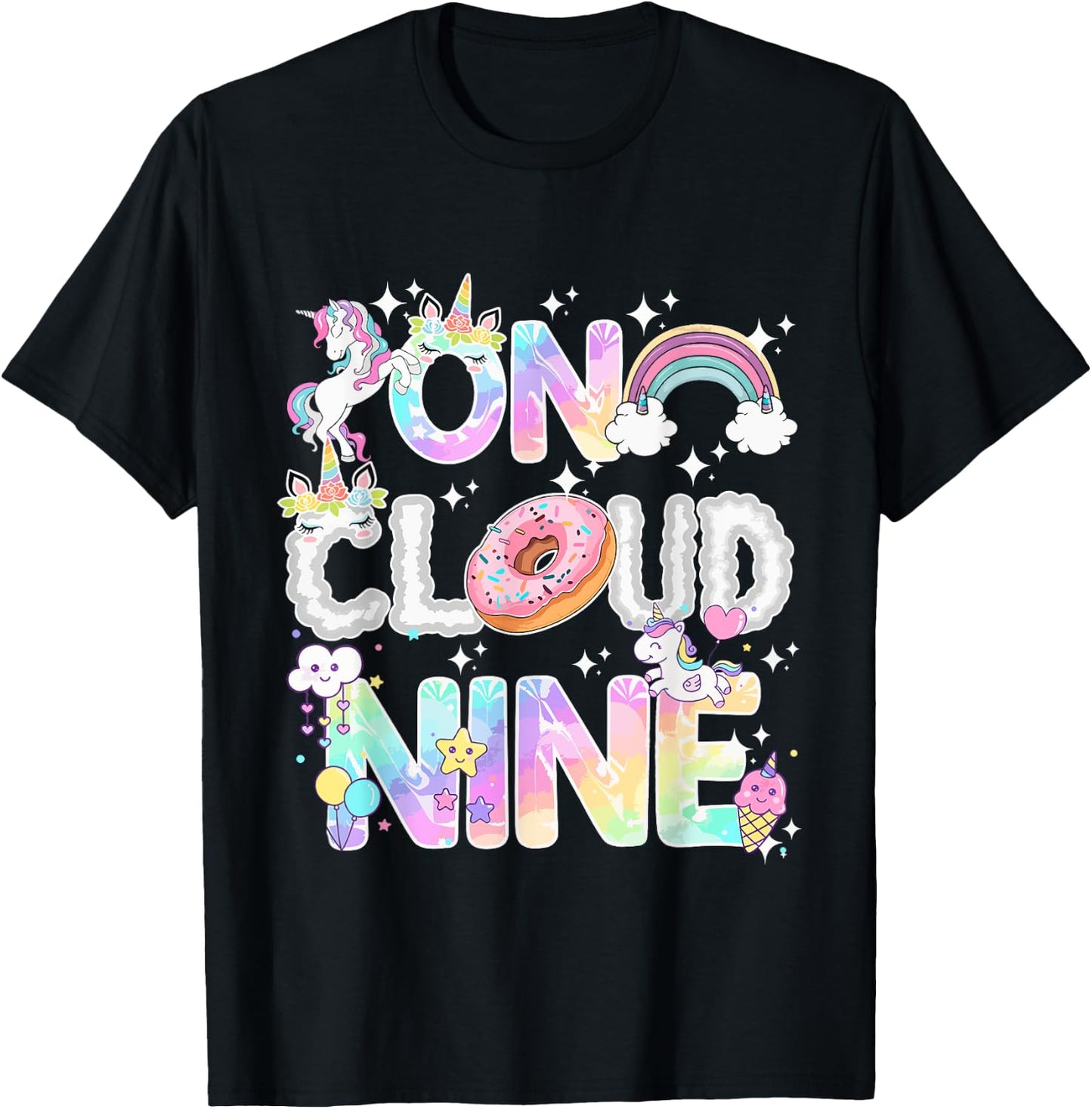 On Cloud Nine Unicorn Donut Birthday Shirt, 9th Birthday T-Shirt - T-Shirt | Black