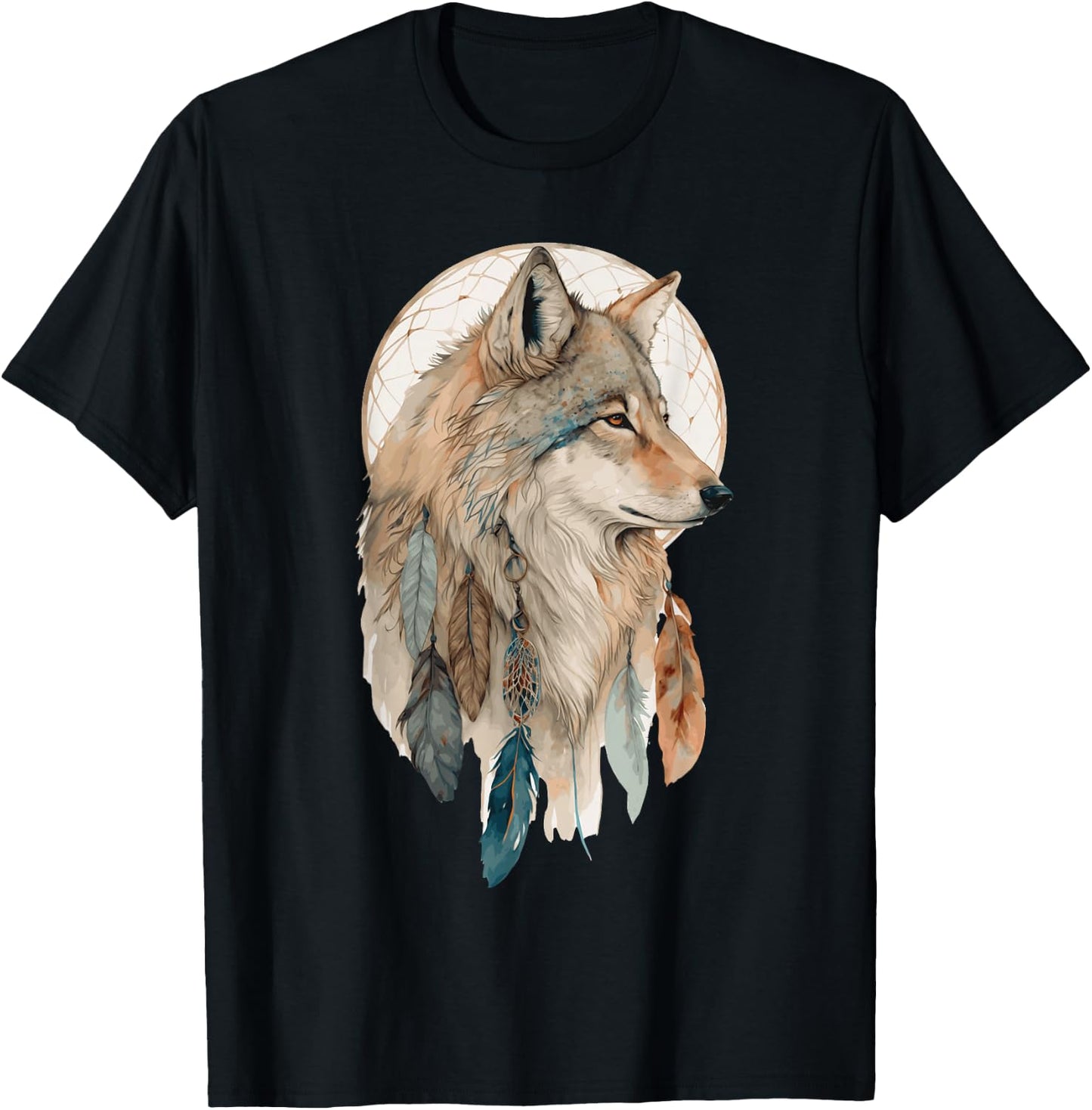 Wolf Tribal Watercolor Wolf Dream Catcher T-Shirt - T-Shirt | Black