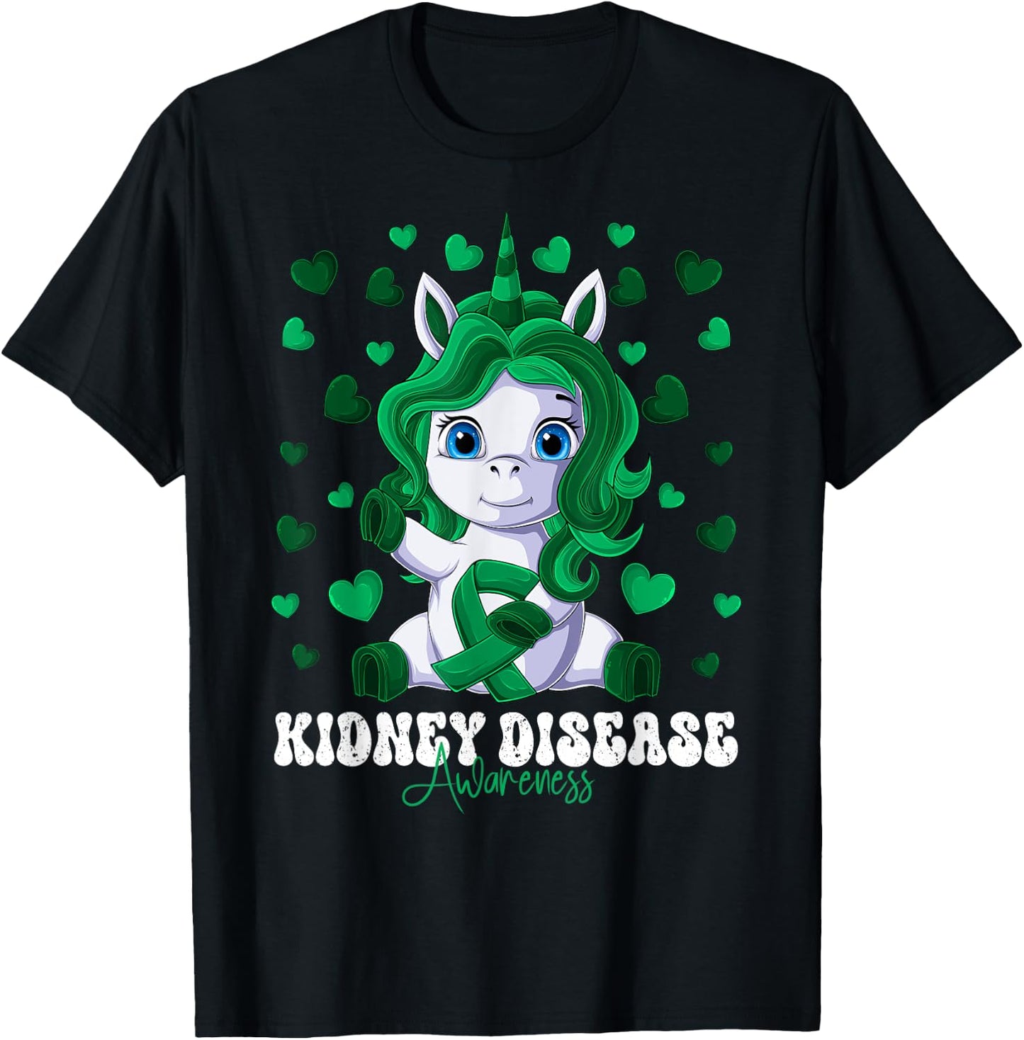 Kidney Disease Awareness Month Green Ribbon Unicorn T-Shirt - T-Shirt | Black