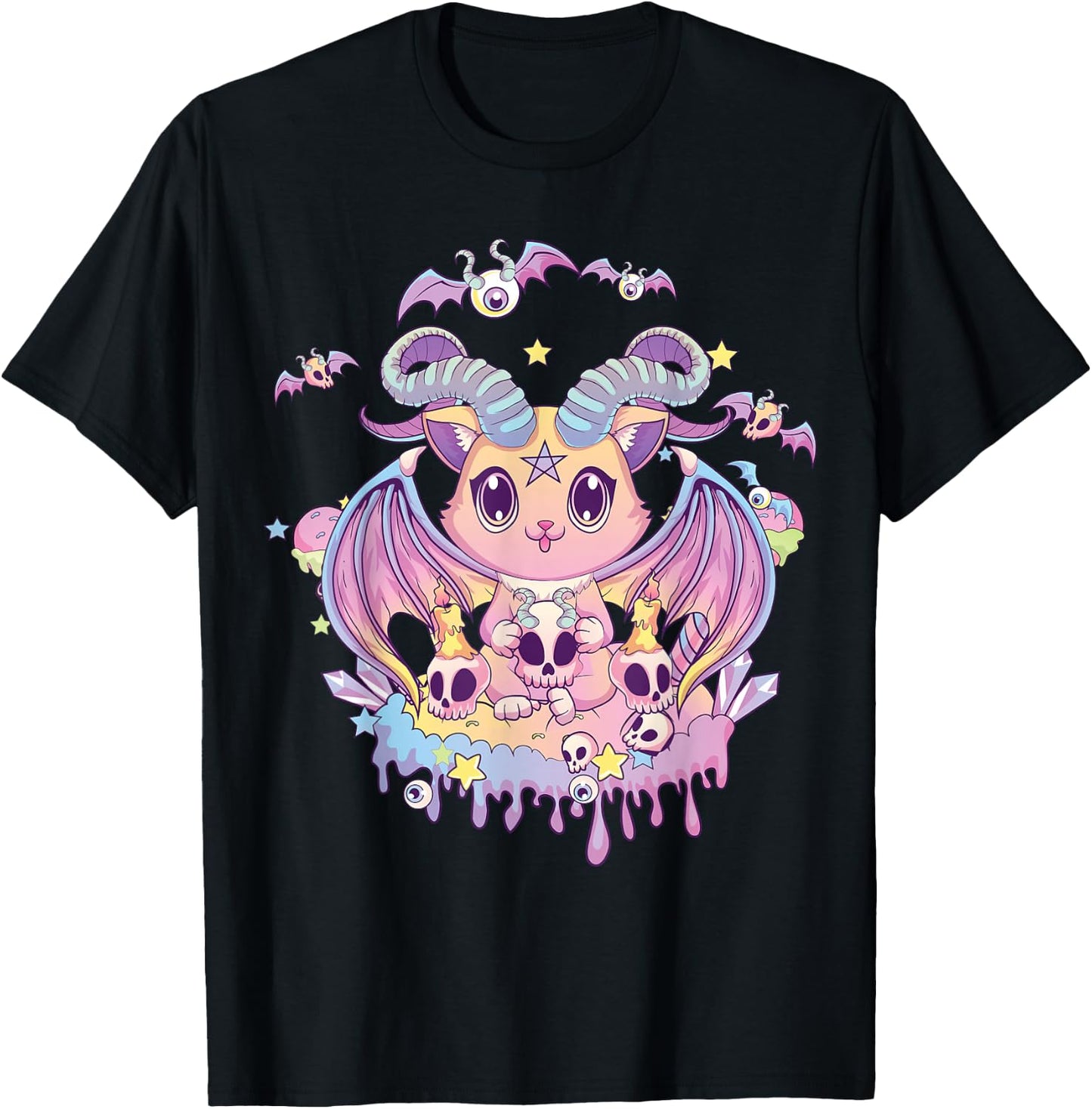 Pastel Goth Krampus Cat Cute Creepy Devil Cat and Skull T-Shirt - T-Shirt | Black