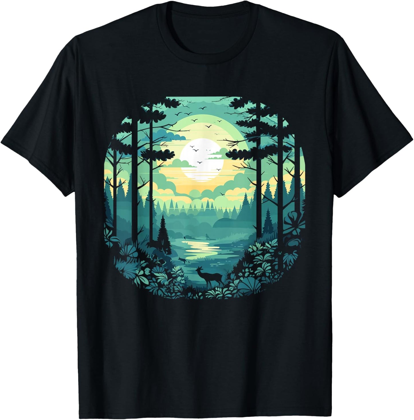 Sunset Forest And Nature Pine Tree Teal T-Shirt - T-Shirt | Black