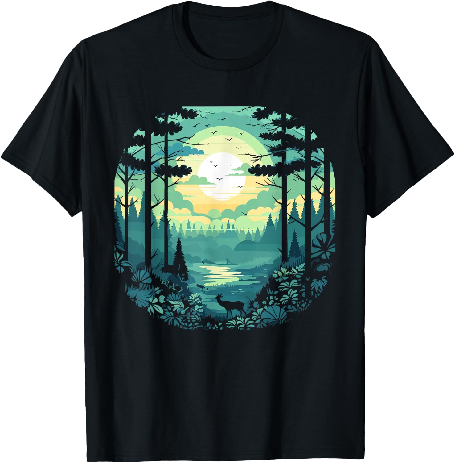 Sunset Forest And Nature Pine Tree Teal T-Shirt - T-Shirt | Black