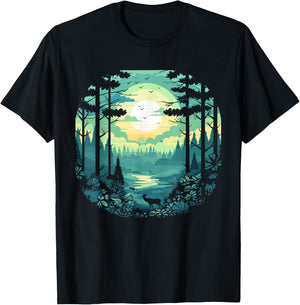 Sunset Forest And Nature Pine Tree Teal T-Shirt - T-Shirt | Black