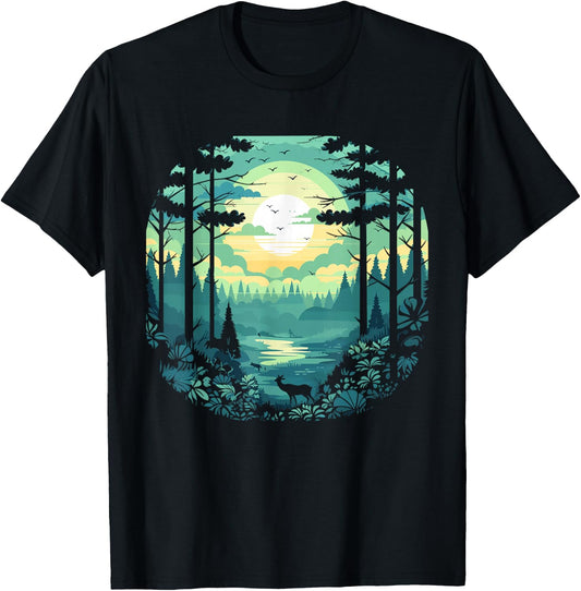Sunset Forest And Nature Pine Tree Teal T-Shirt - T-Shirt | Black