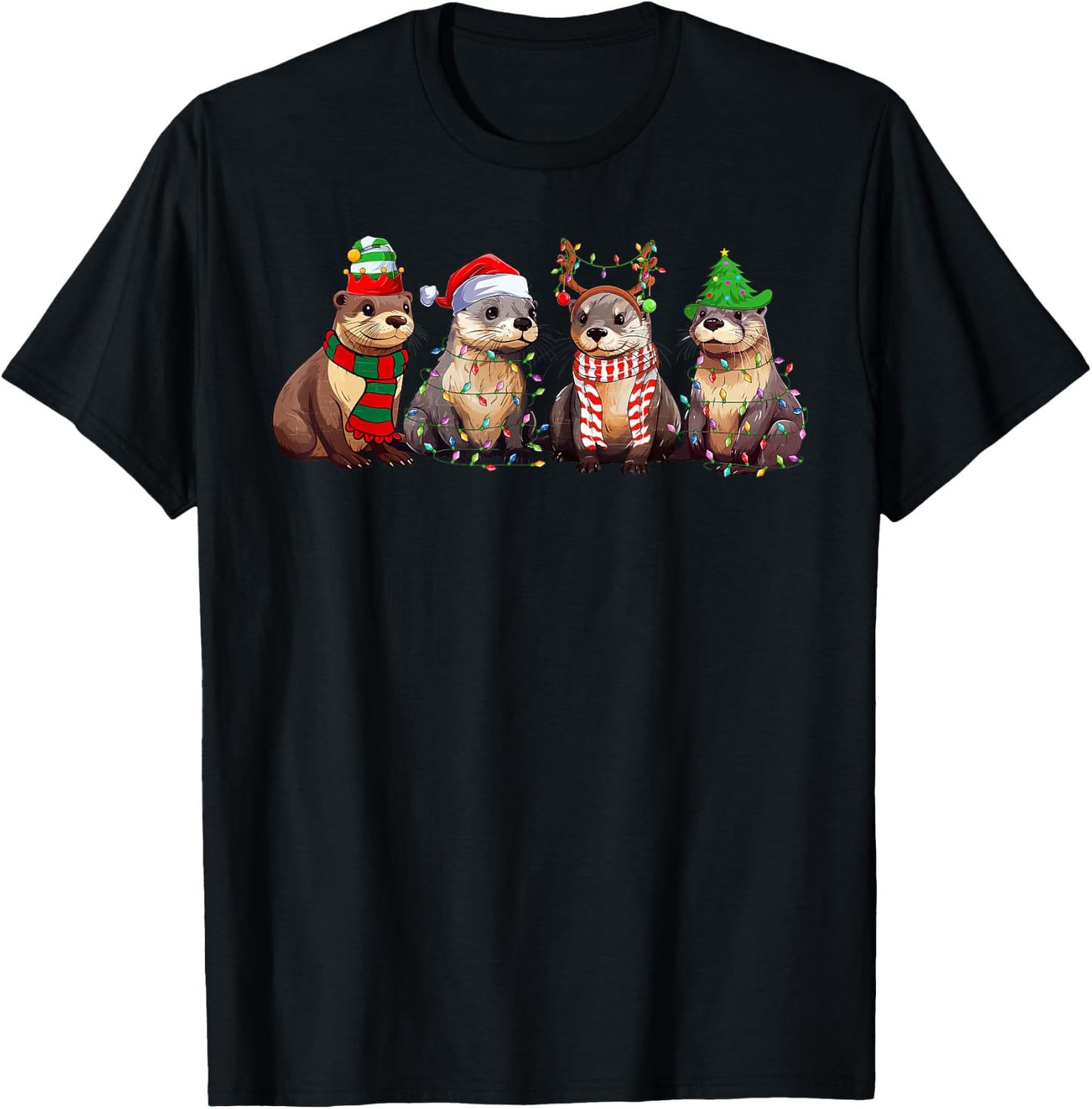 Cute Otter Christmas Pajama Funny Xmas Lights Animals Lover T-Shirt - T-Shirt | Black