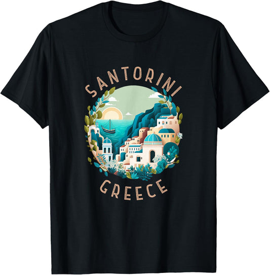Santorini Greece Retro Distressed Circle T-Shirt - T-Shirt | Black