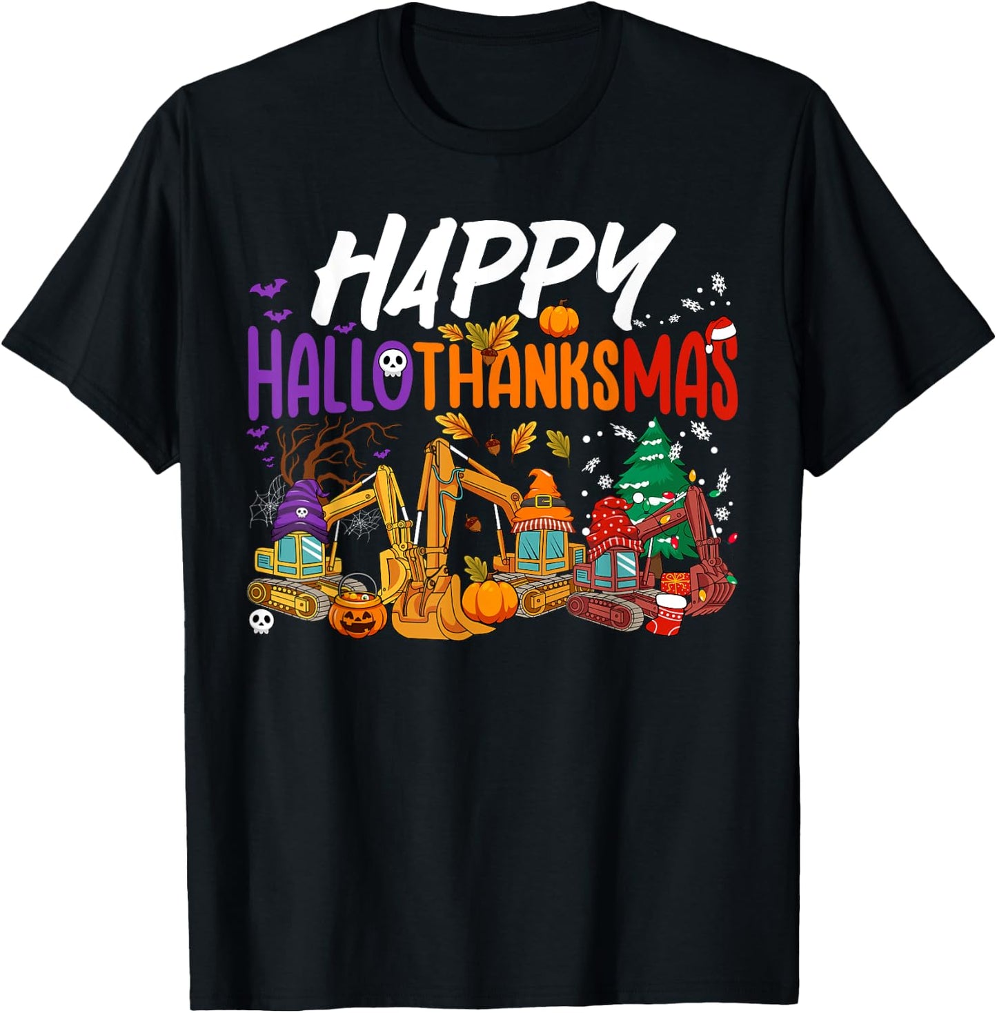 HalloThanksMas Halloween Thanksgiving Christmas Excavator T-Shirt - T-Shirt | Black