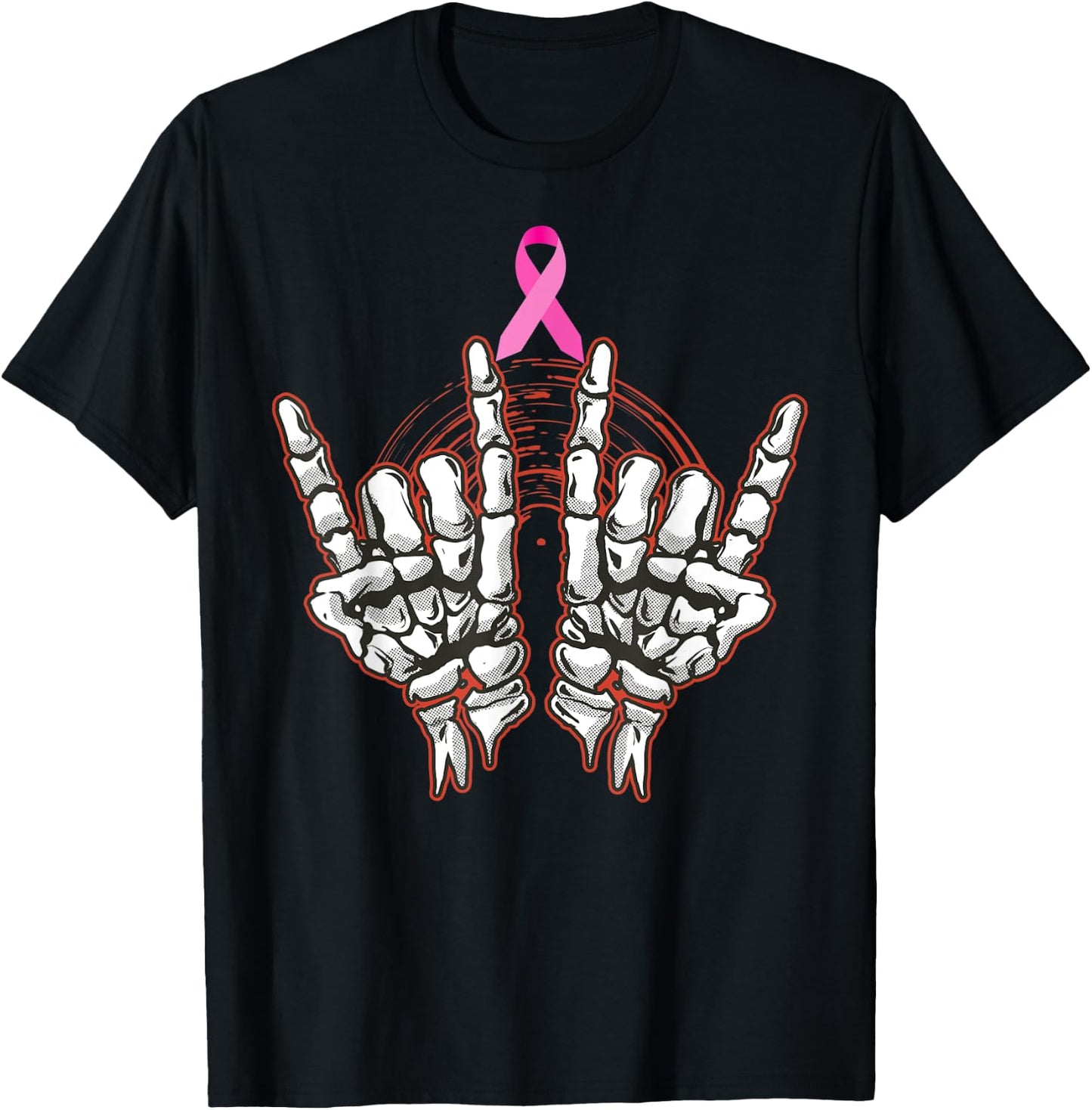 Skeleton Rock On Breast Cancer Awareness 2022 Pink Ribbon T-Shirt - T-Shirt | Black