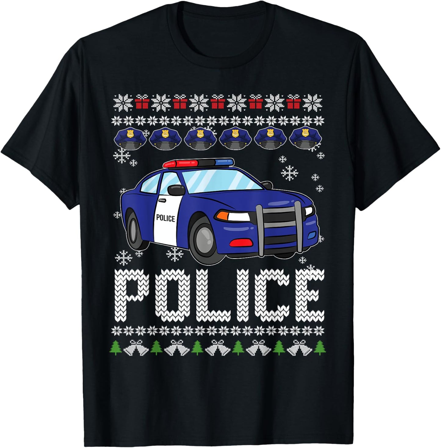 Police Car Ugly Christmas Pajama Xmas Policeman Cop Officer T-Shirt - T-Shirt | Black
