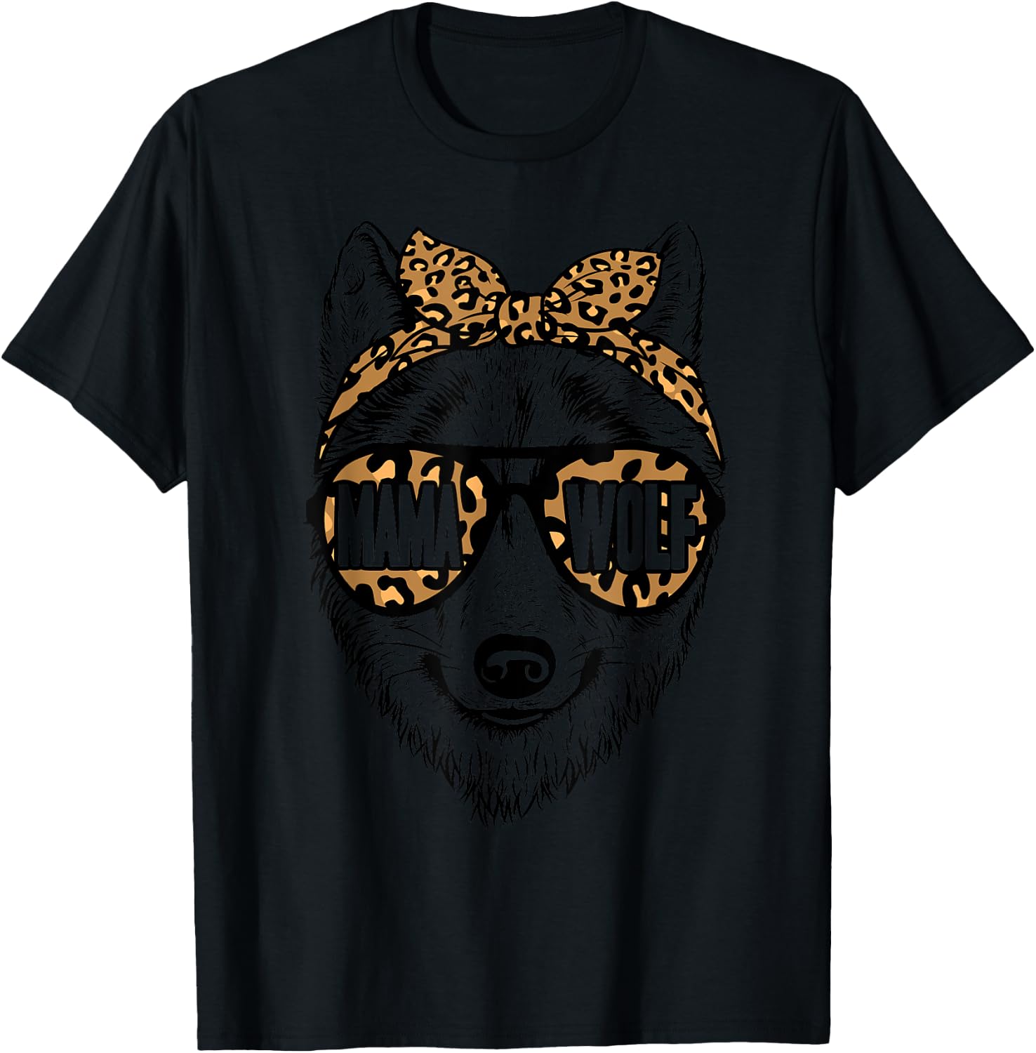 Mama Wolf Face Leopard Pattern Sunglasses Wolf Mothers Day T-Shirt - T-Shirt | Black