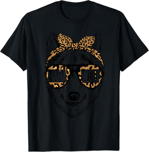Mama Wolf Face Leopard Pattern Sunglasses Wolf Mothers Day T-Shirt - T-Shirt | Black