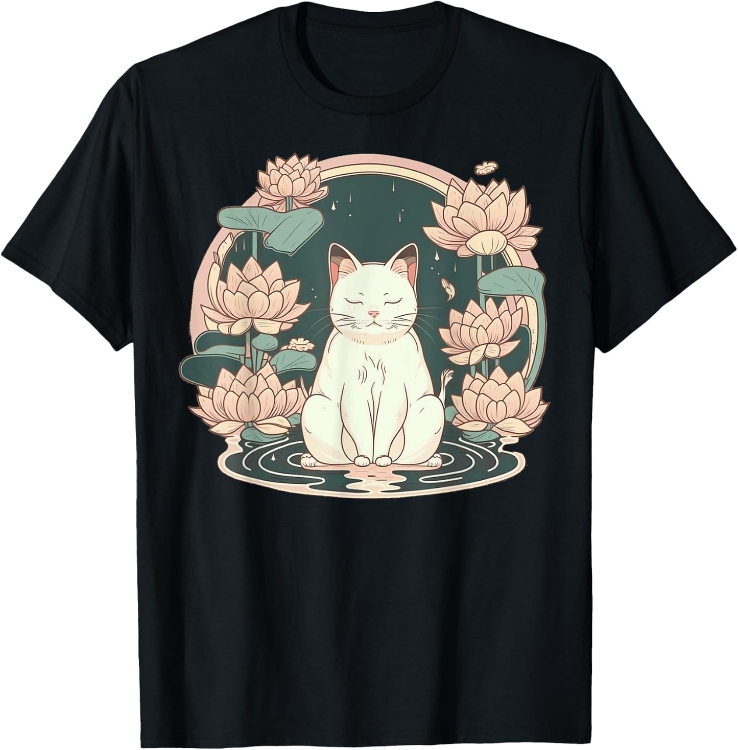 Yoga Meditation Spiritual Zen Lotus Cat on Lotus Flower T-Shirt - T-Shirt | Black