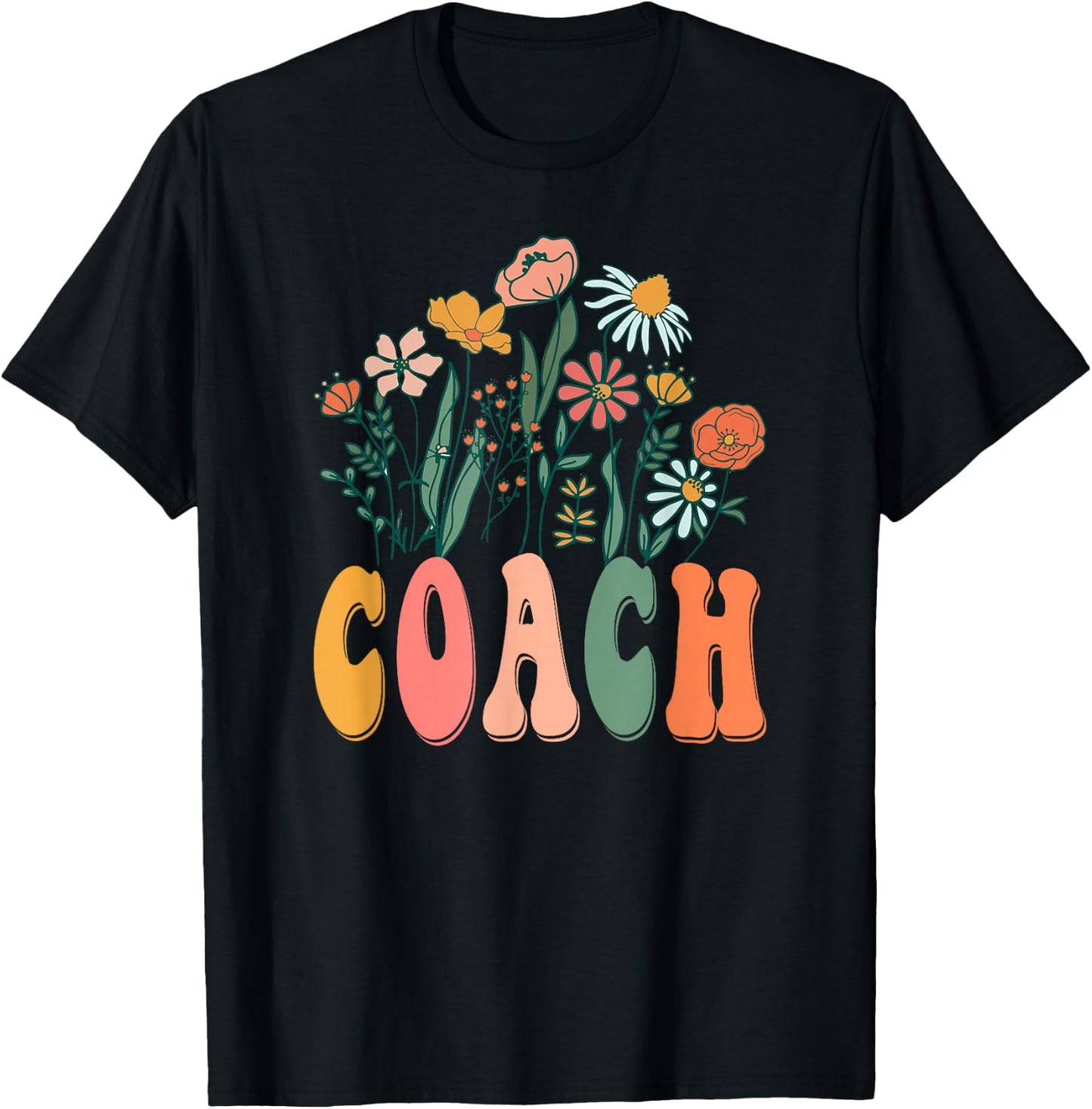 Retro Groovy Floral Coach Wildflower T-Shirt - T-Shirt | Black