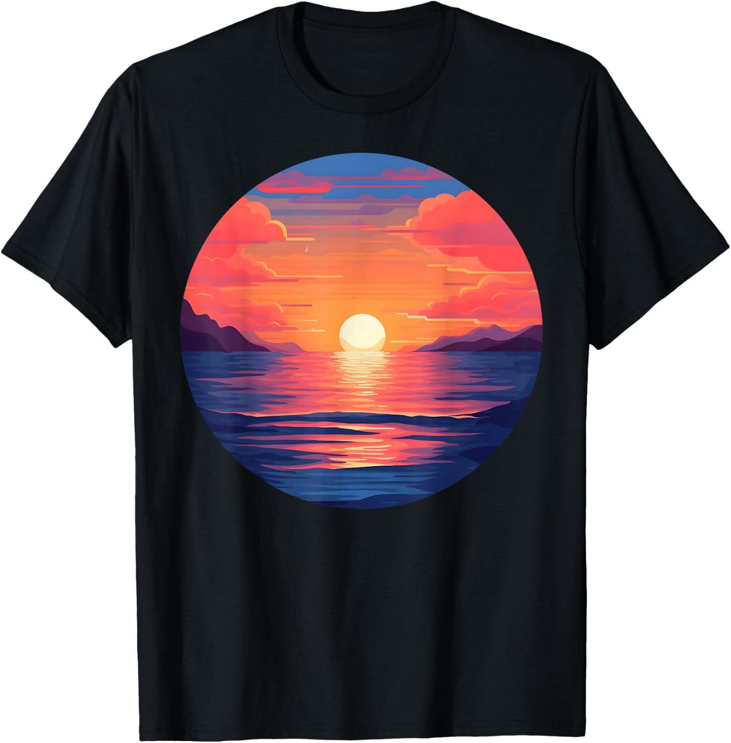 Retro Warm Sunset Calm Ocean Orange Pink Sky Mountains Scene T-Shirt - T-Shirt | Black