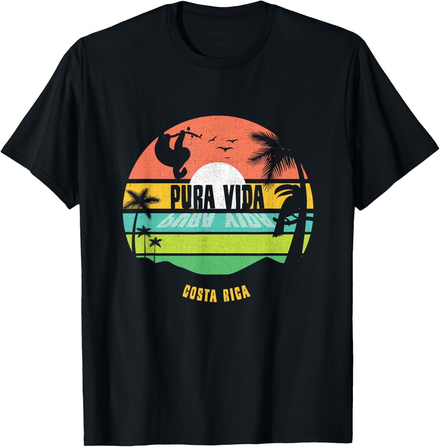 Costa Rica Pura Vida Tropical Sloth & Toucan Sunset Souvenir T-Shirt - T-Shirt | Black
