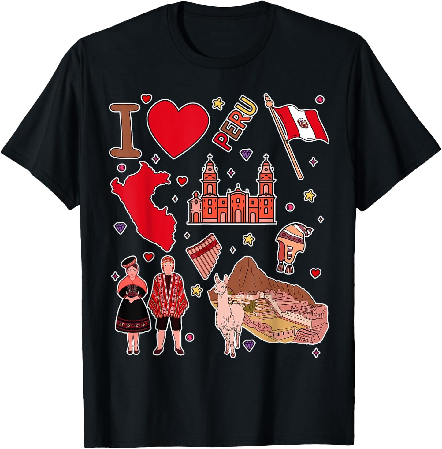Peruvian hand drawn landmarks, Peru map, Culture icons T-Shirt - T-Shirt | Black