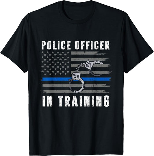 Police Officer In Training Thin Blue Line Flag American USA T-Shirt - T-Shirt | Black