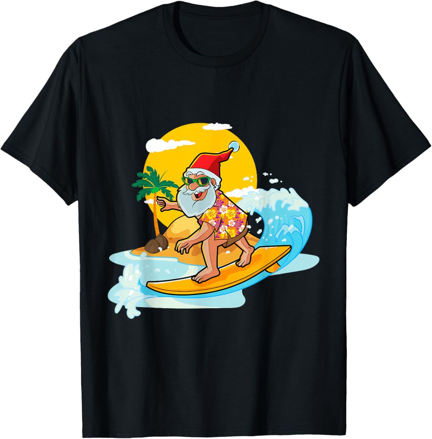 Christmas in July Funny Santa Surfing Summer Aloha Hawaiian T-Shirt - T-Shirt | Black