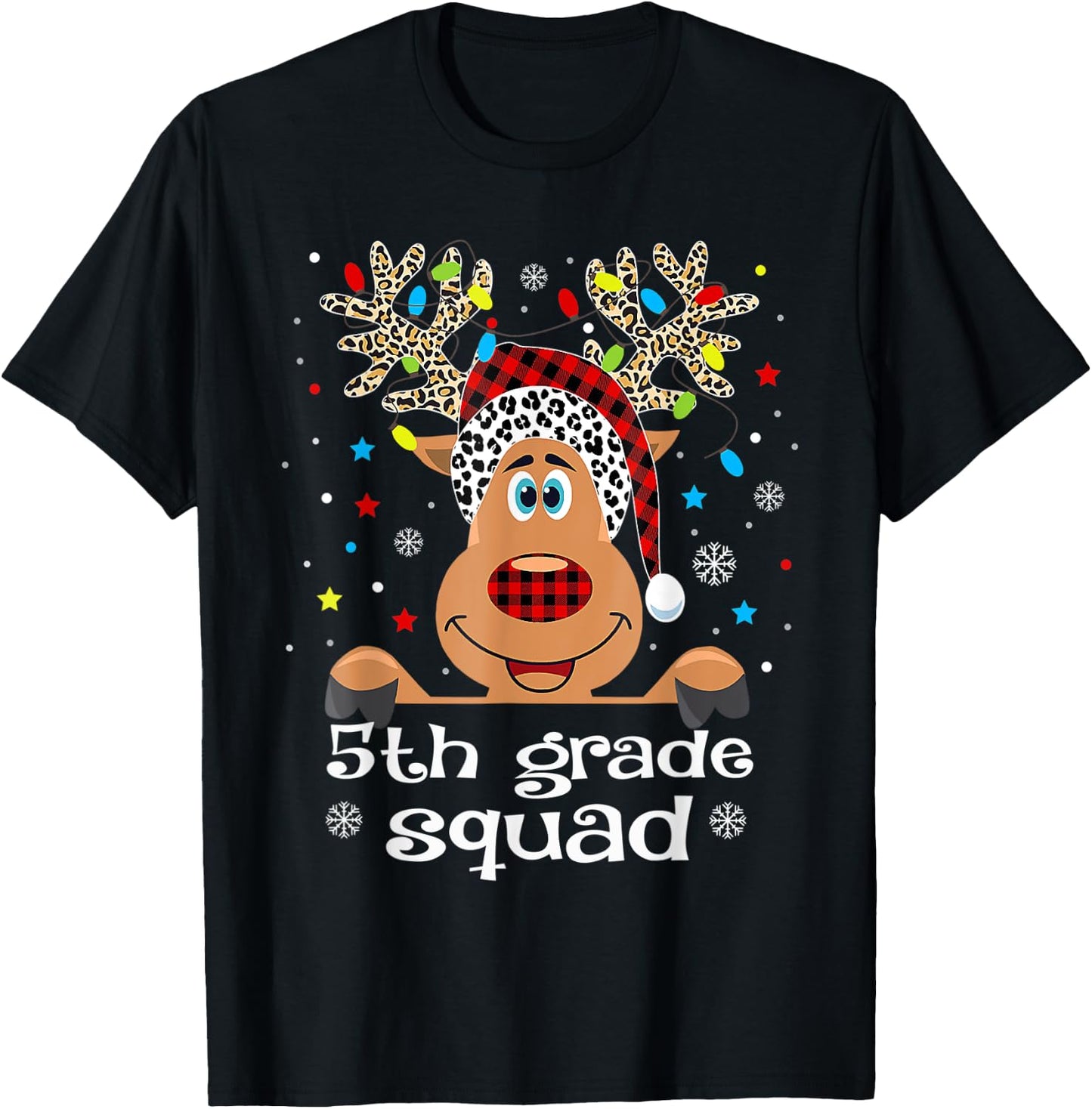 5th Grade Squad Plaid Reindeer Santa Hat Teacher Christmas T-Shirt - T-Shirt | Black