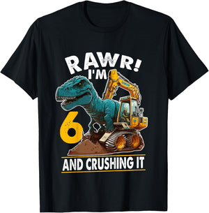 Kids Rawr I'm 6 Dinosaur 6th Birthday Excavator 6 Year Old Boy T-Shirt - T-Shirt | Black