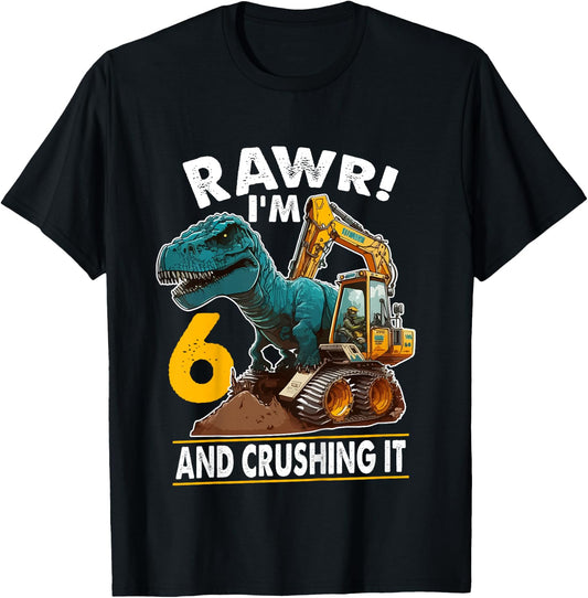 Kids Rawr I'm 6 Dinosaur 6th Birthday Excavator 6 Year Old Boy T-Shirt - T-Shirt | Black