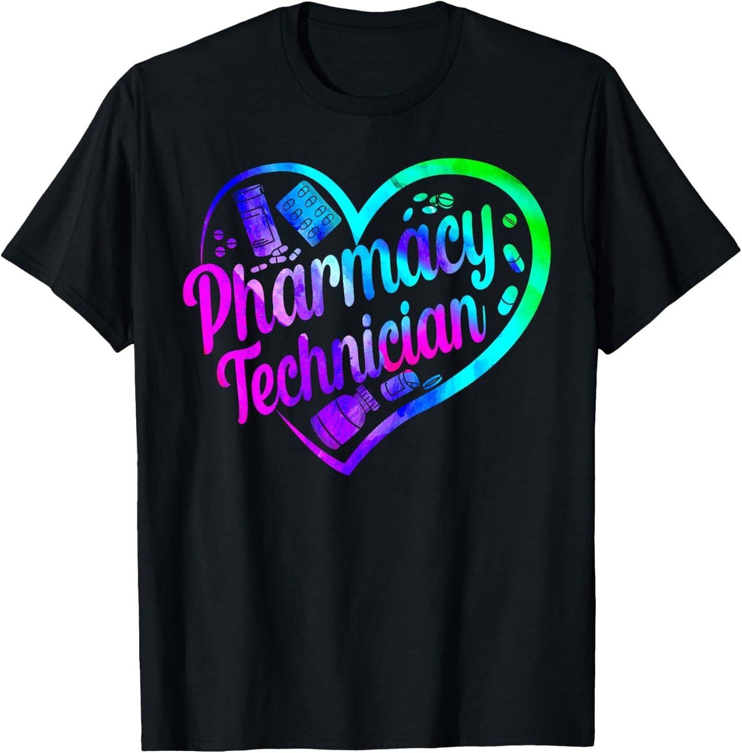 Pharmacy Tech Technician Pharmacist Student Heart Watercolor T-Shirt - T-Shirt | Black