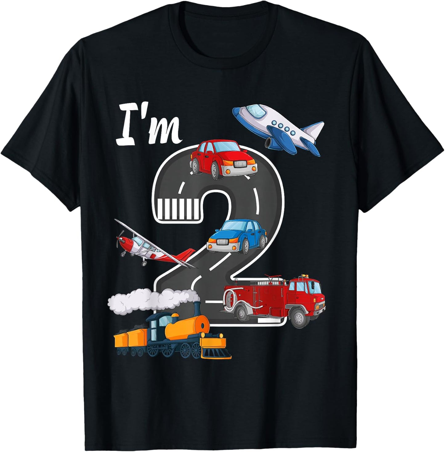 Trains Car Fire Truck Airplane 2nd Birthday Boy 2 Year Old T-Shirt - T-Shirt | Black