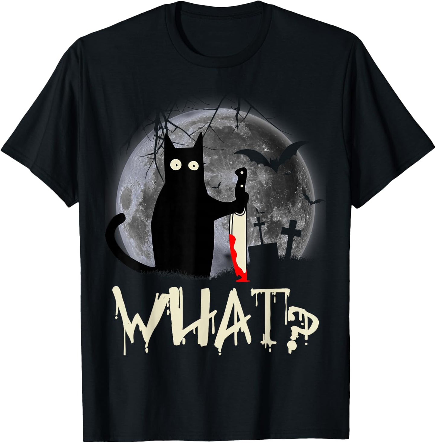 Funny Cat What? Murderous Black Cat With Knife Halloween T-Shirt - T-Shirt | Black