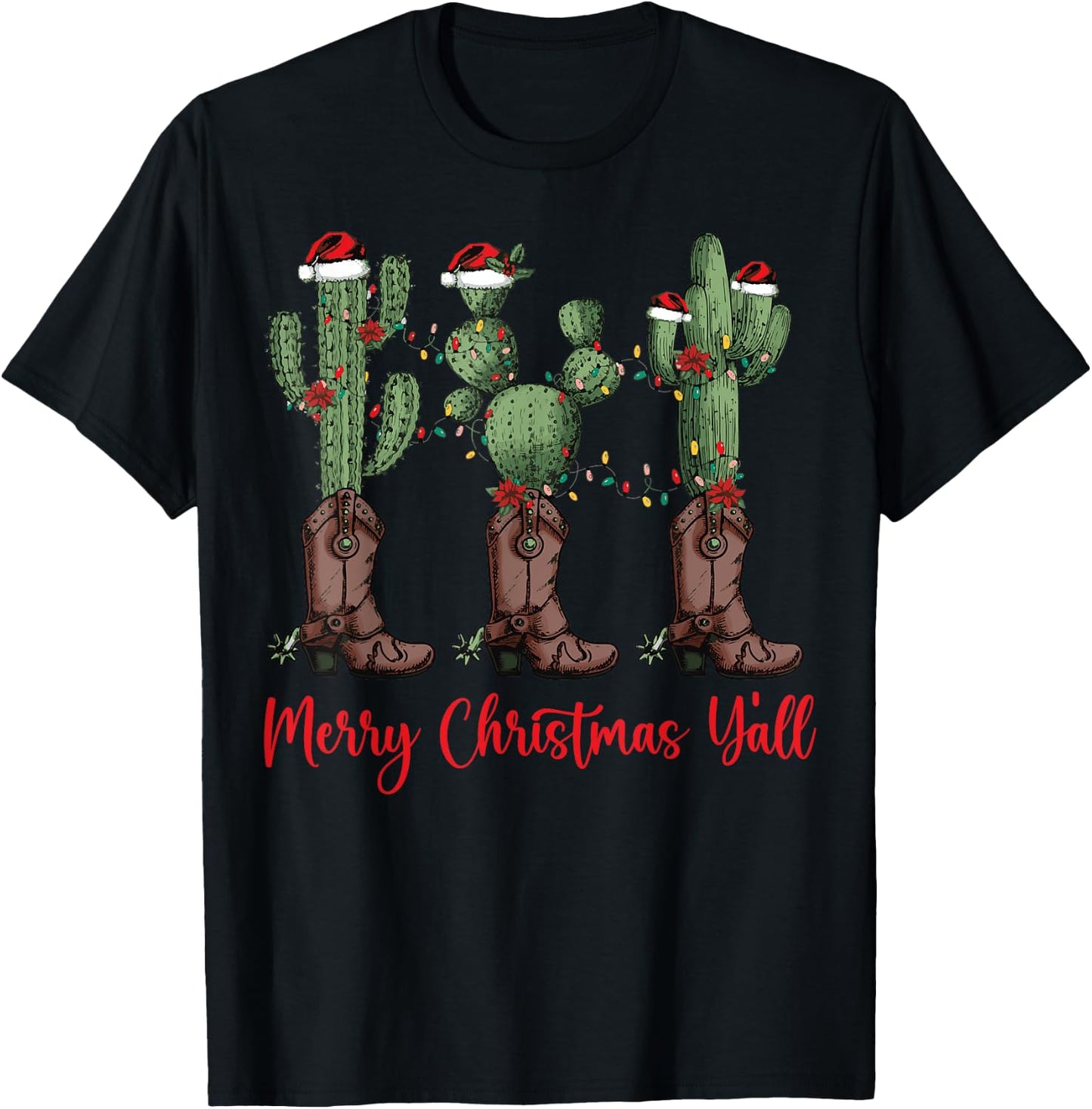 Merry Christmas Y'all Western Country Cowboy Boots Holiday T-Shirt - T-Shirt | Black