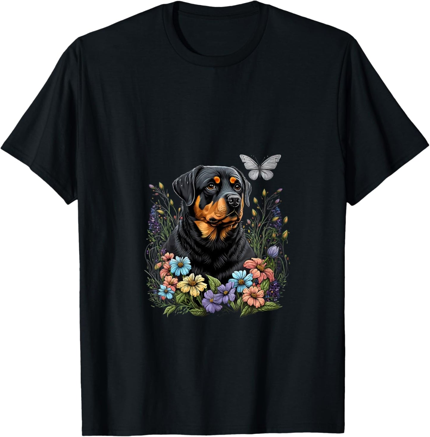 Women's Rottweiler and Butterfly in the Spring Garden Floral Black V-Neck T-Shirt - T-Shirt | Black