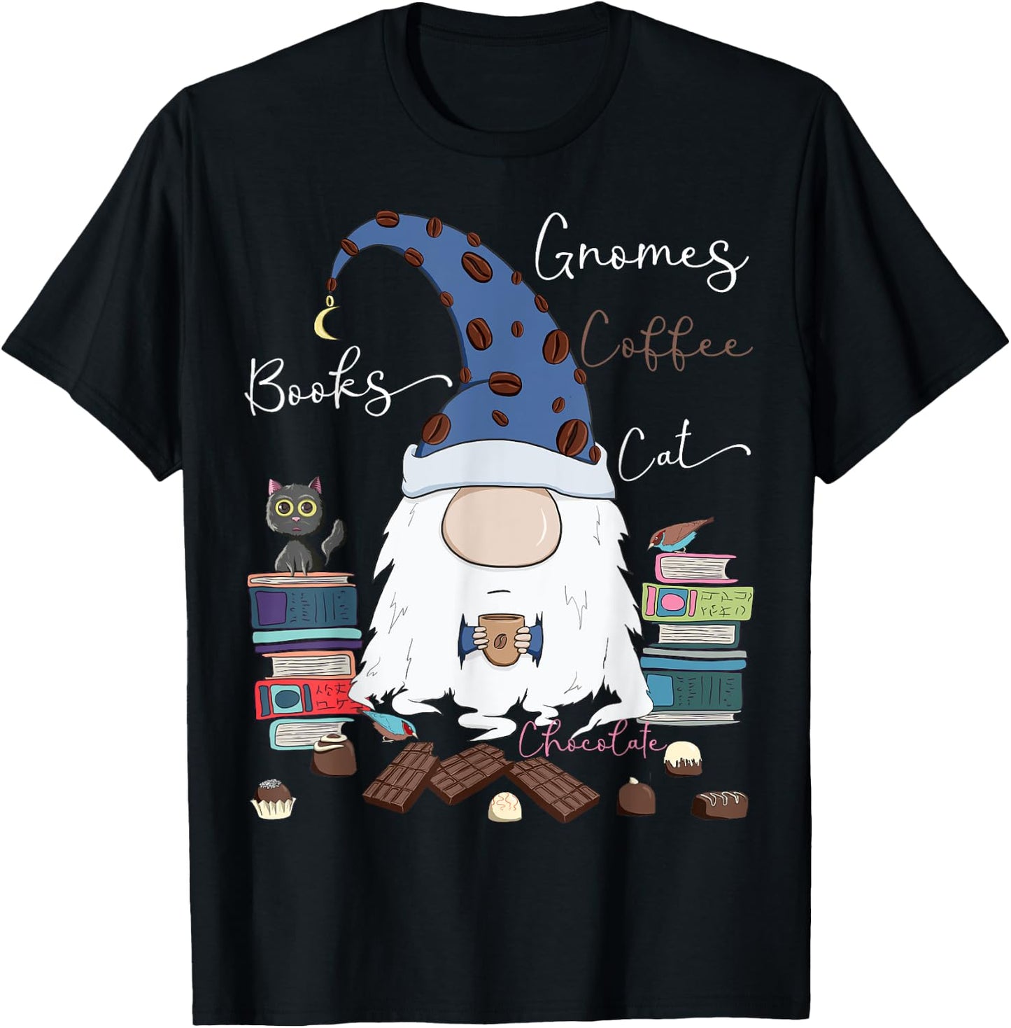 Gnomes Coffee Books Cat Chocolate Funny Gnome & Coffee Lover Men Women Girls Kids T-Shirt - T-Shirt | Black