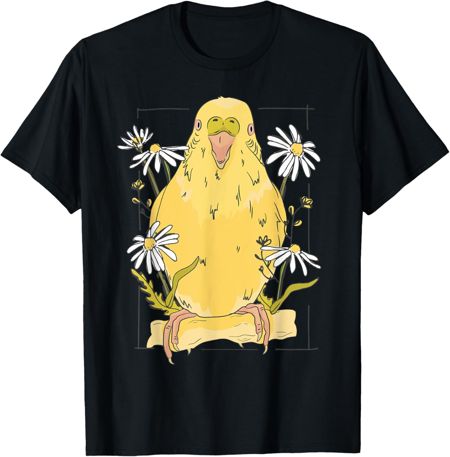 Parakeet with Daisies Yellow Budgie Parakeet T-Shirt - T-Shirt | Black