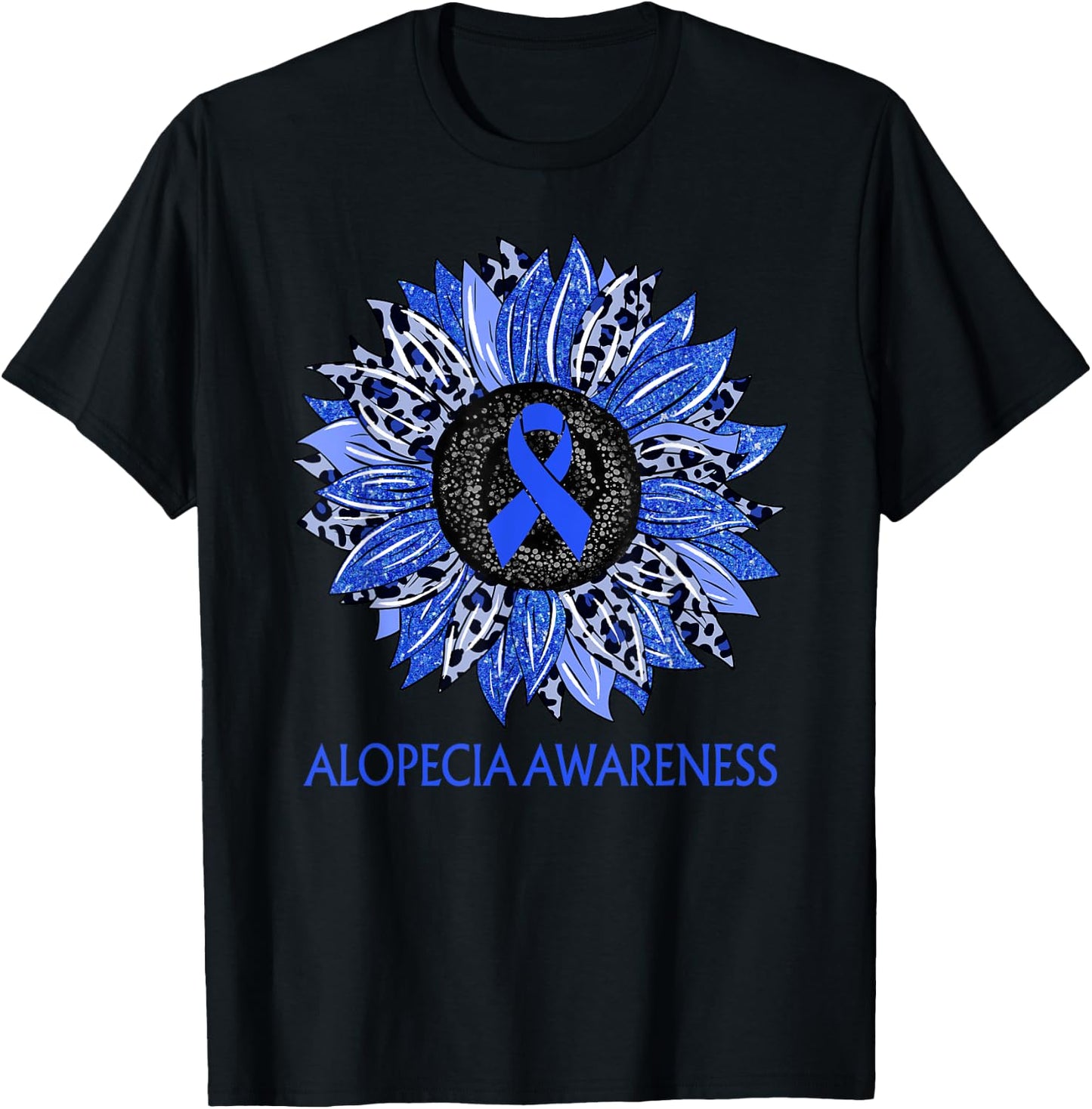 Leopard Sunflower Alopecia Awareness Blue Ribbon Support T-Shirt - T-Shirt | Black