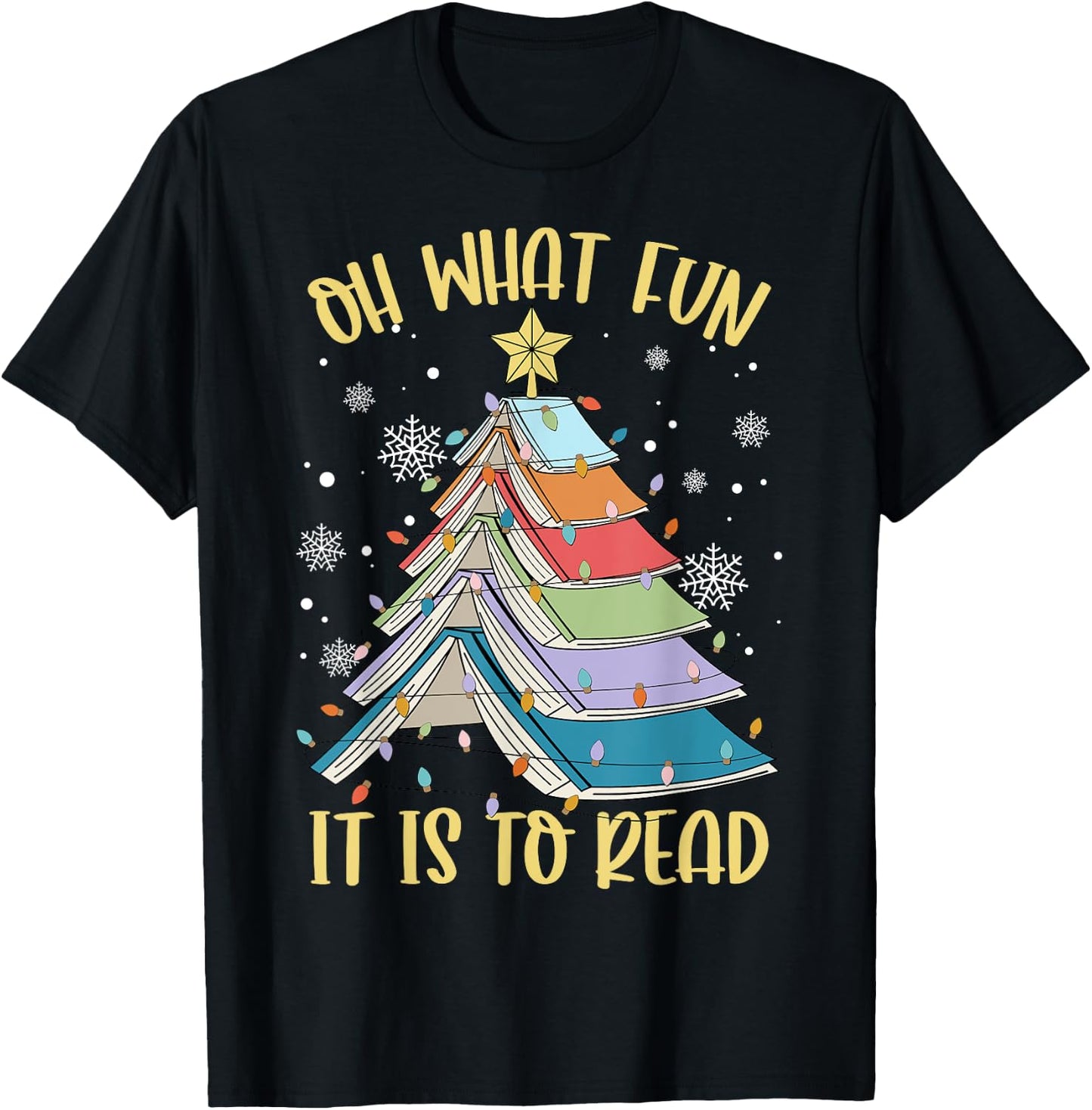 Oh What Fun It is to Read Book Christmas Tree Lights Apparel T-Shirt - T-Shirt | Black