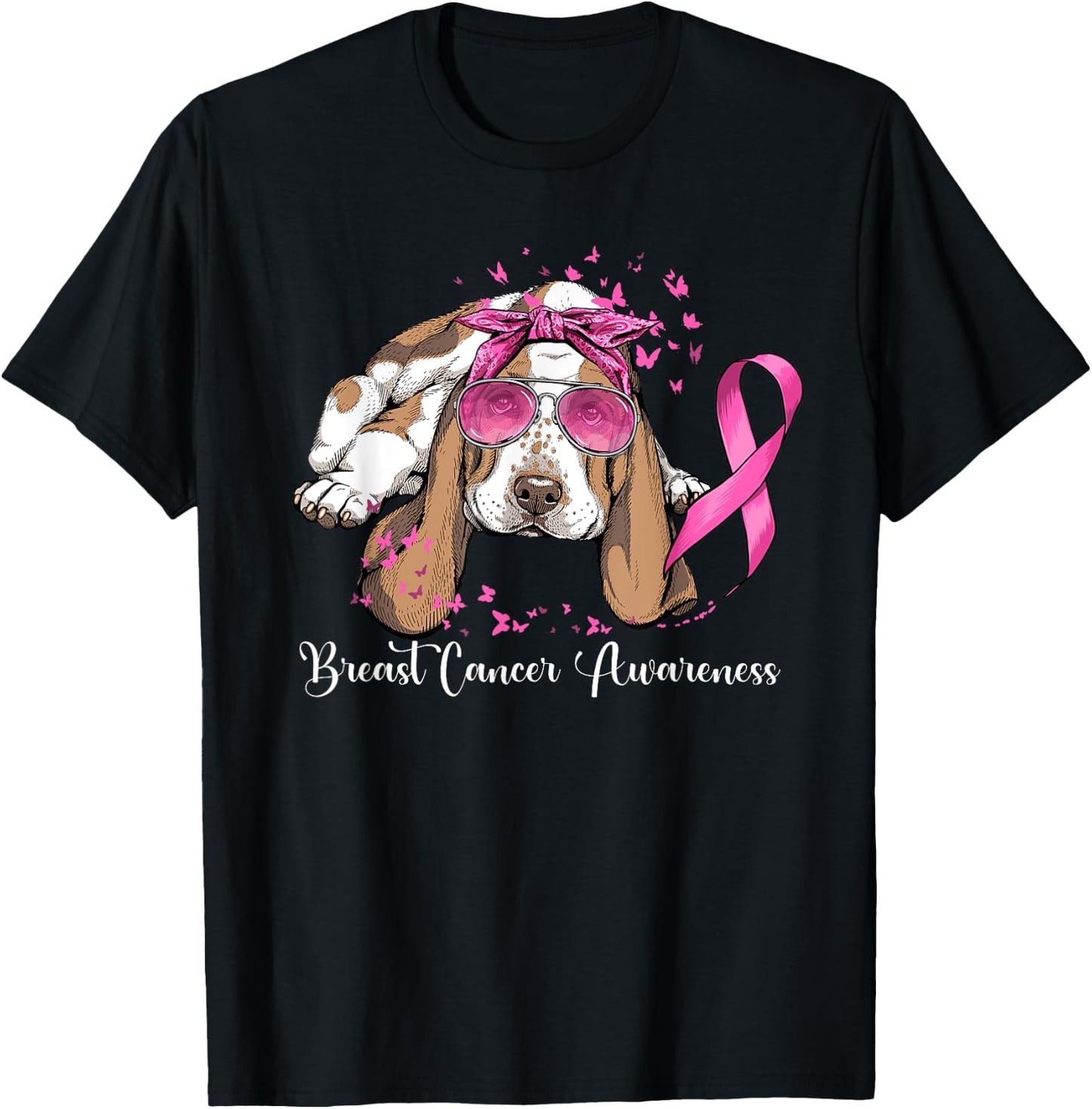 Basset Hound Dog Lover Pink Ribbon Breast Cancer Awareness Men Women T-Shirt - T-Shirt | Black