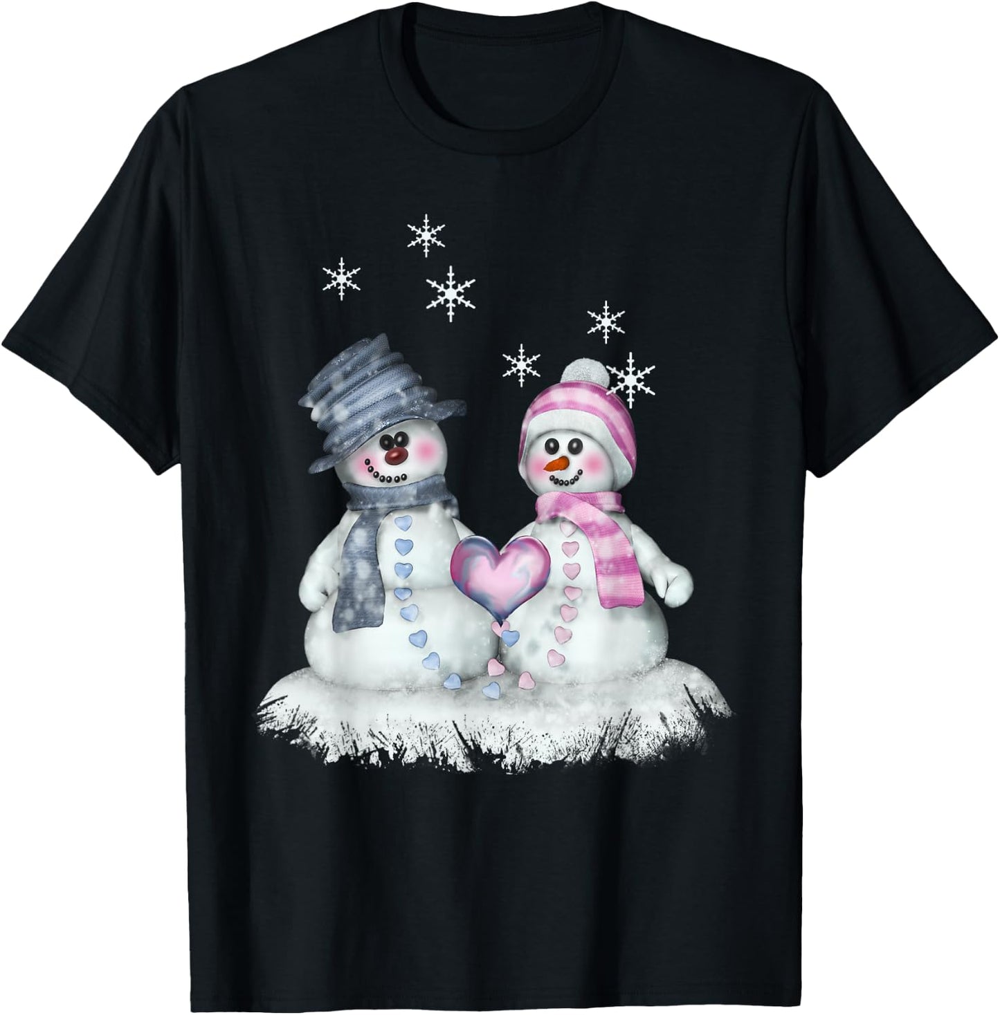 Snowman & Snowwoman with Heart Winter Motif T-Shirt - T-Shirt | Black