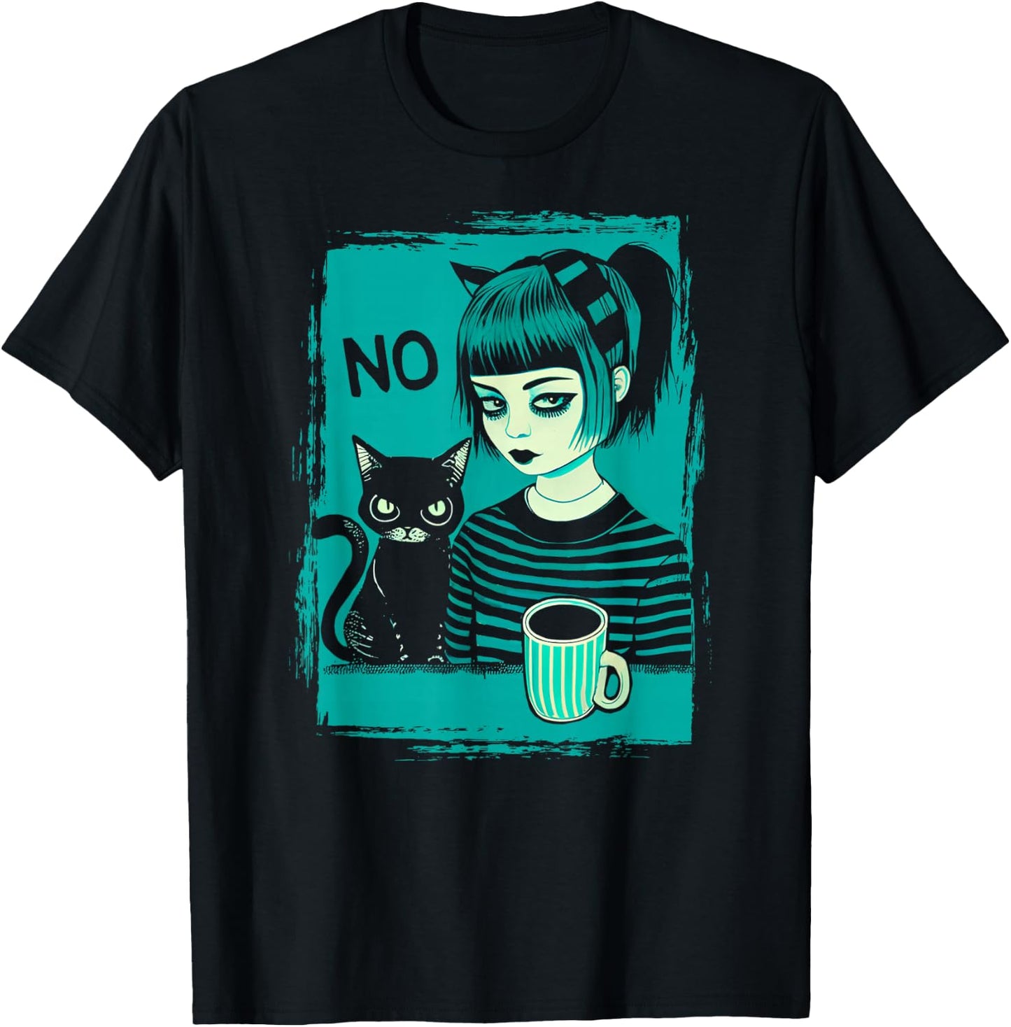 Dark At Heart Punk Goth Girl Says No With Cat And Coffee T-Shirt - T-Shirt | Black
