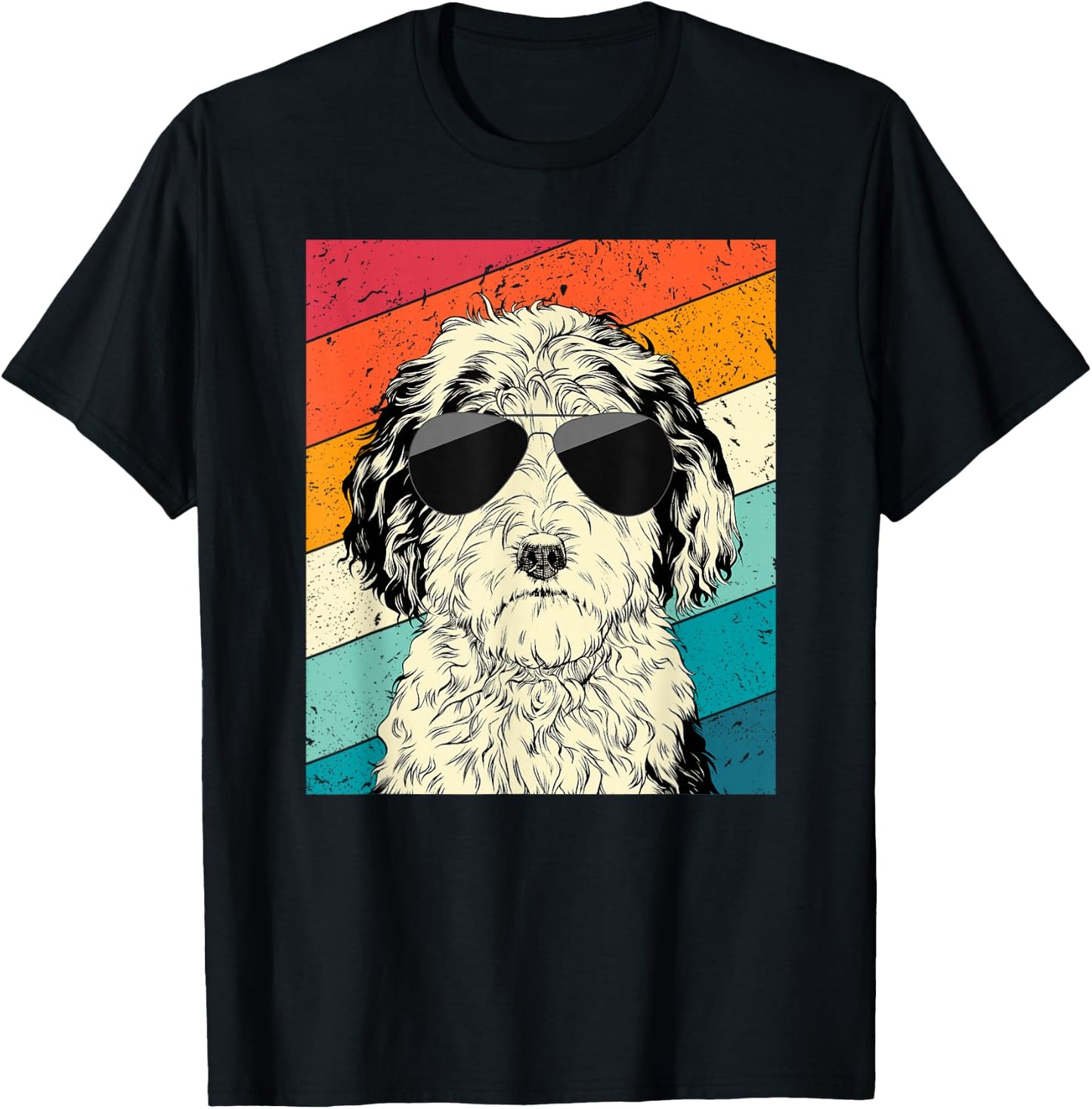 Retro Vintage Sheepadoodle with Sunglasses Doodle Dog Lovers T-Shirt - T-Shirt | Black
