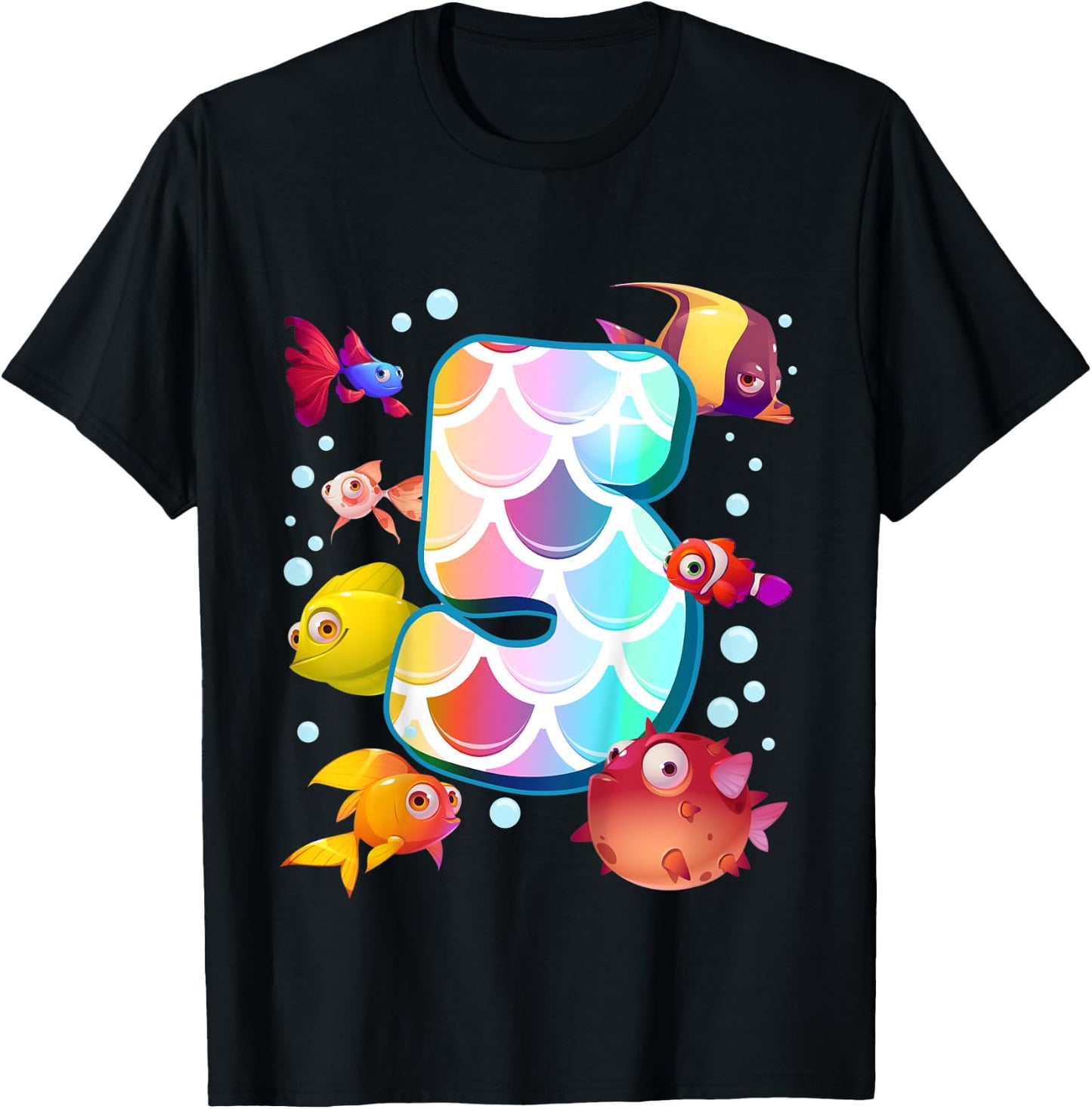 Kids 5th Birthday Rainbow Fish Tetra Popper Fish T-Shirt - T-Shirt | Black