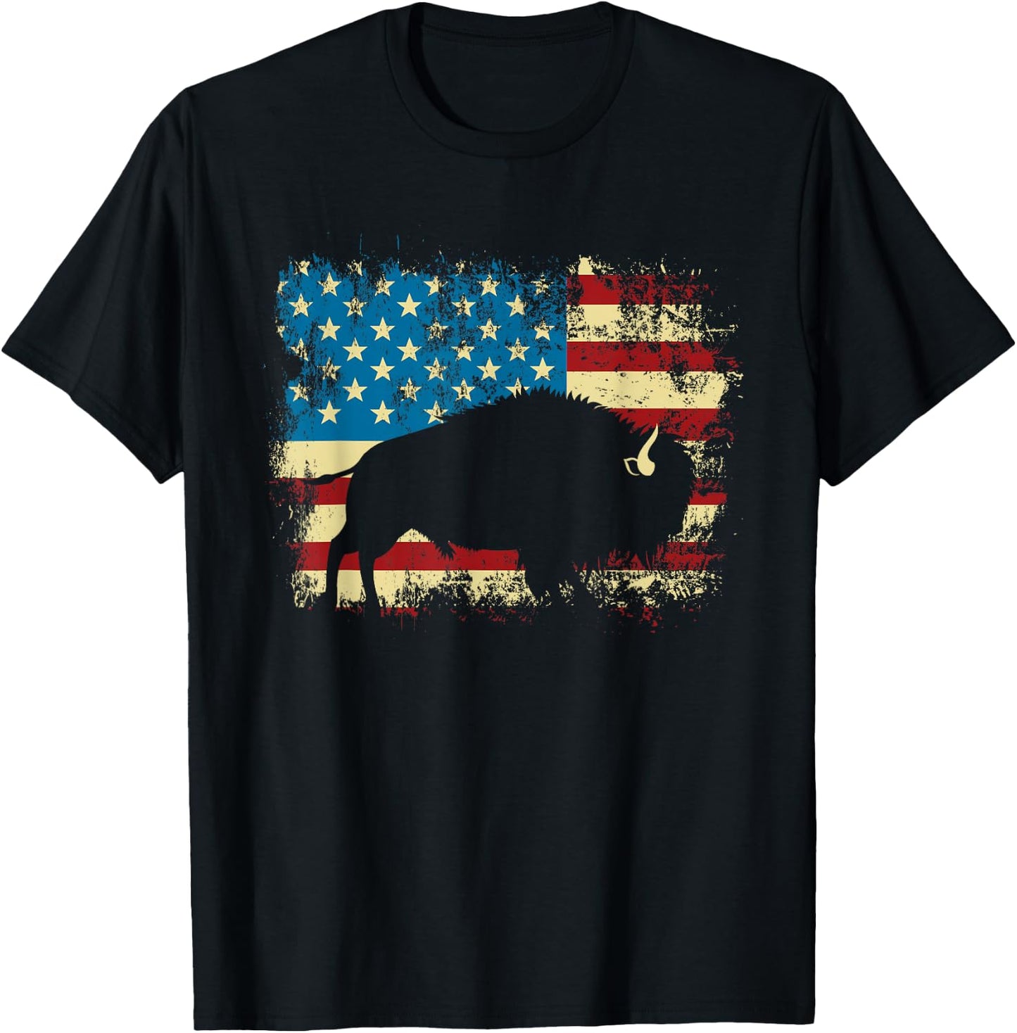 Patriotic American Bison Buffalo Lover Wildlife USA Flag T-Shirt - T-Shirt | Black