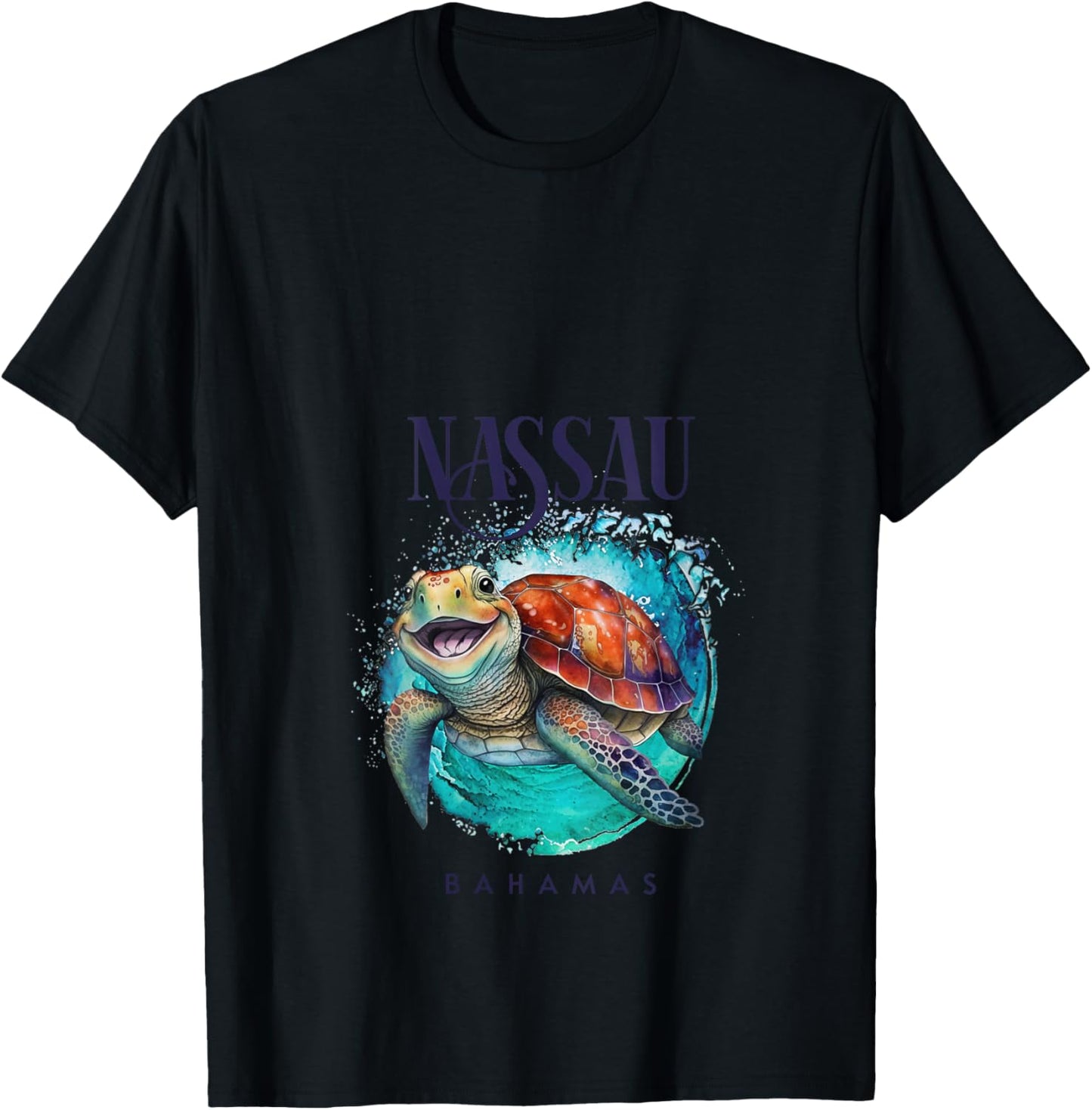 Nassau Bahamas Watercolor Happy Sea Turtle V-Neck T-Shirt - T-Shirt | Black